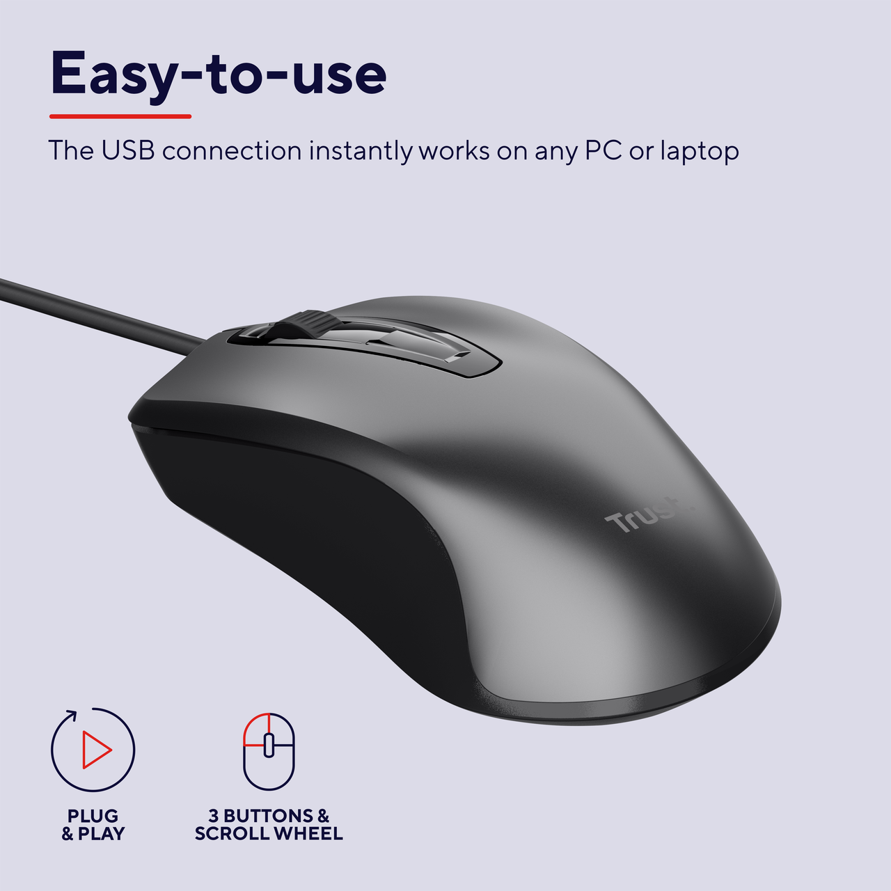 Een grijze Trust-muis met drie knoppen en een scrollwiel. De tekst zegt 'Plug & Play'.