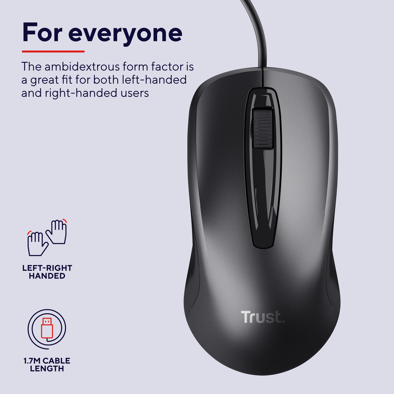 Een zwarte computermuis met scrollwiel en een kabel van 1,7m. 'Trust' staat erop.