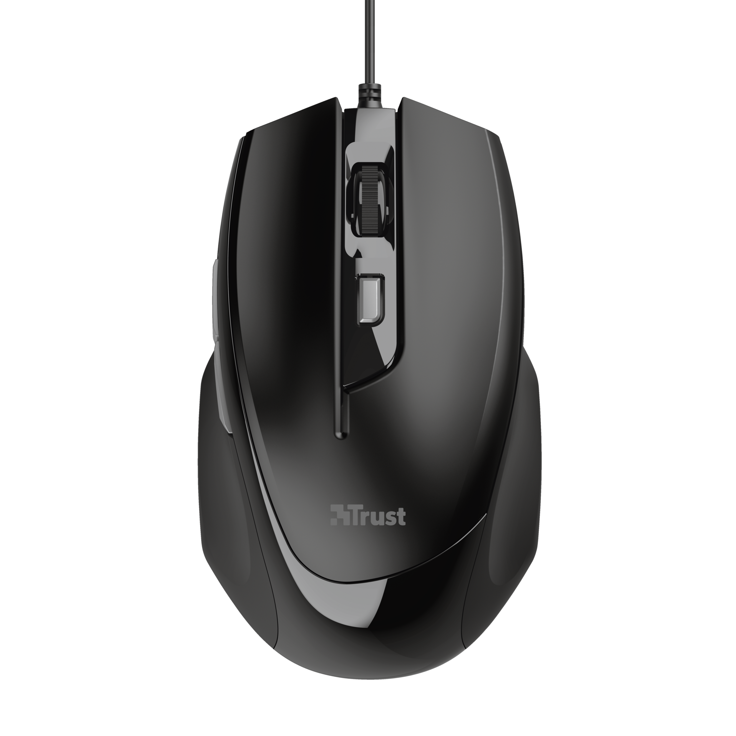 Czarna mysz komputerowa z kółkiem przewijania i przyciskami na czarnym tle.