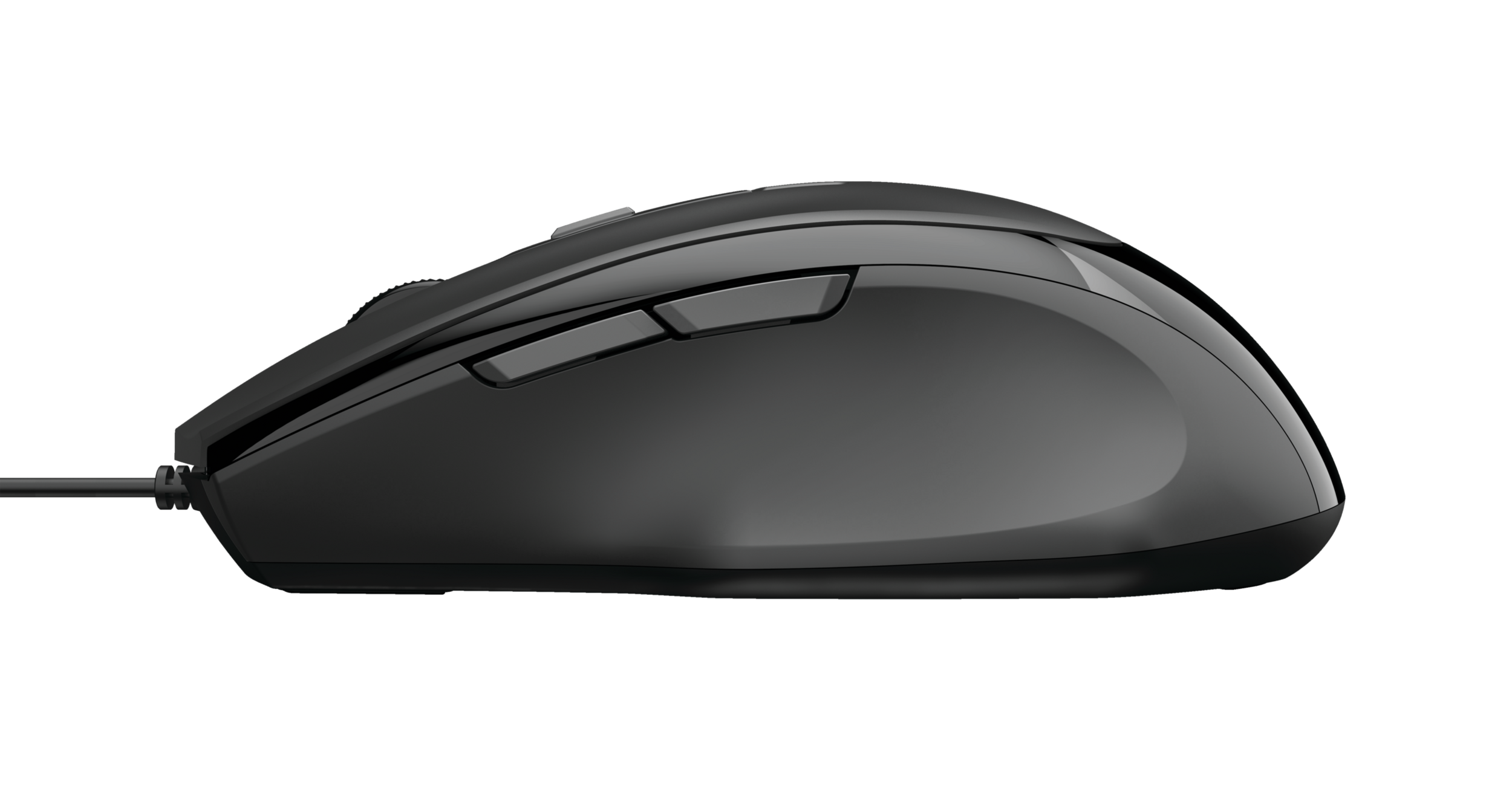 Czarna mysz komputerowa na czarnym tle. Ma przyciski i kabel.