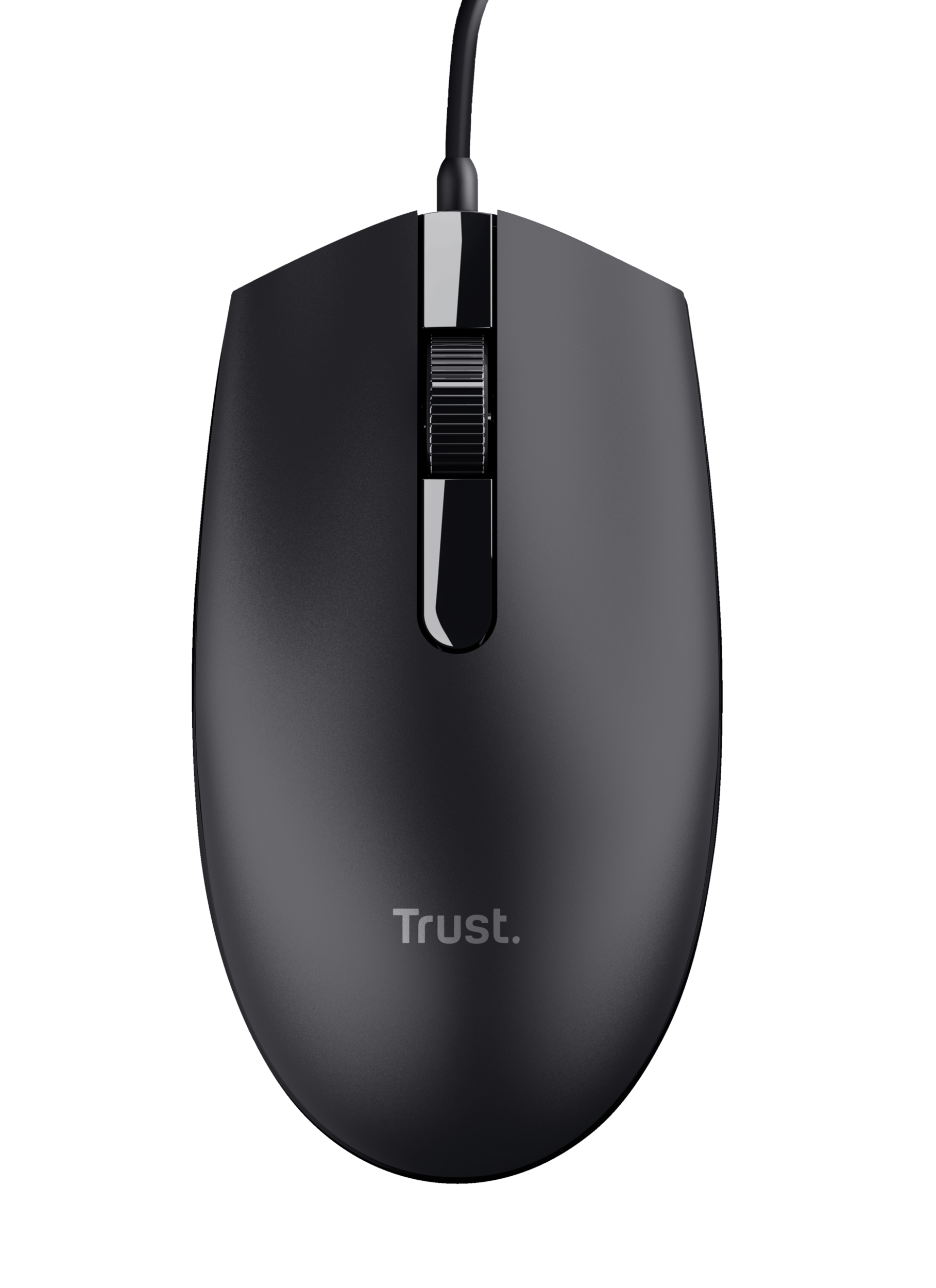 Czarna mysz komputerowa z kółkiem przewijania i logo „Trust” jest pokazana na czarnym tle.