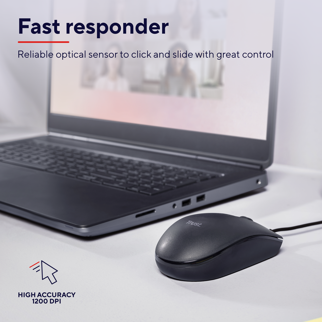 Czarna mysz obok laptopa. Tekst: Szybka reakcja. Niezawodny czujnik optyczny.