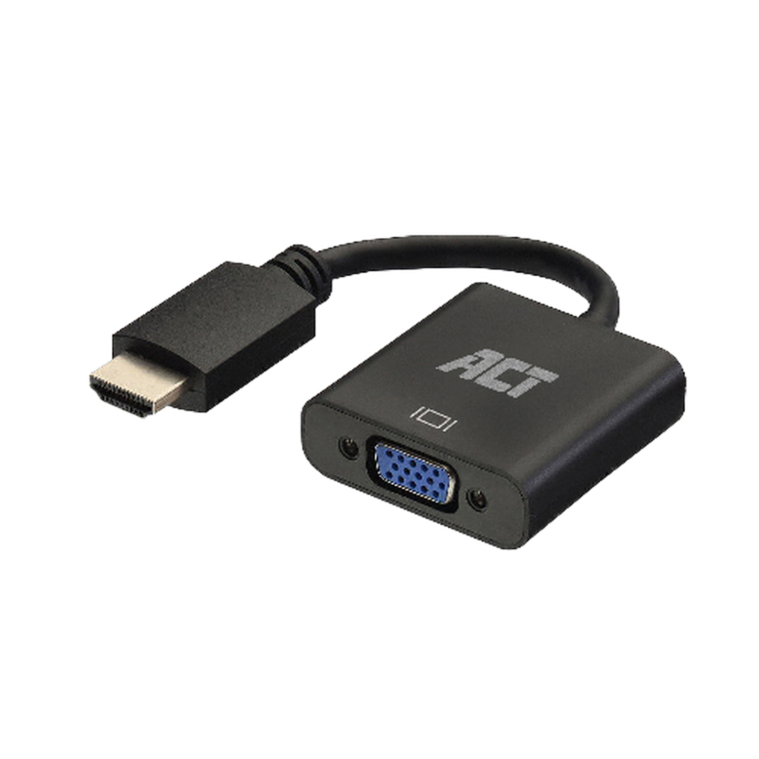 Adaptateur HDMI vers VGA noir, connecté, isolé sur fond noir.