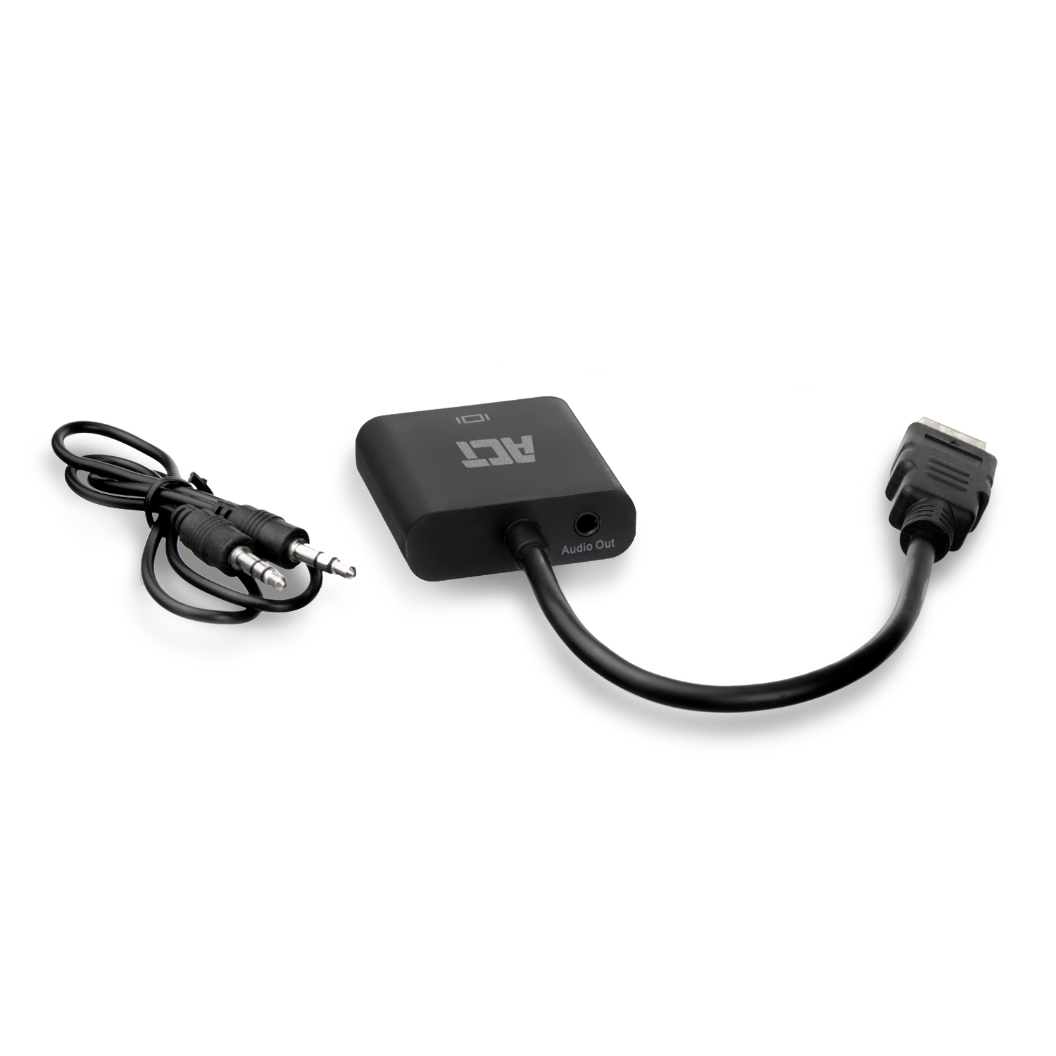 Adaptateur noir avec sortie audio et câble, et un câble audio séparé.