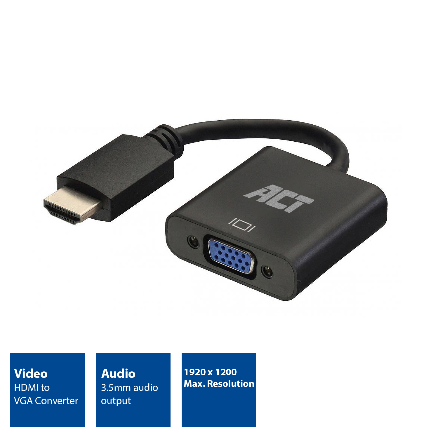 Adaptateur HDMI vers VGA noir avec port VGA bleu et connecteur HDMI noir.