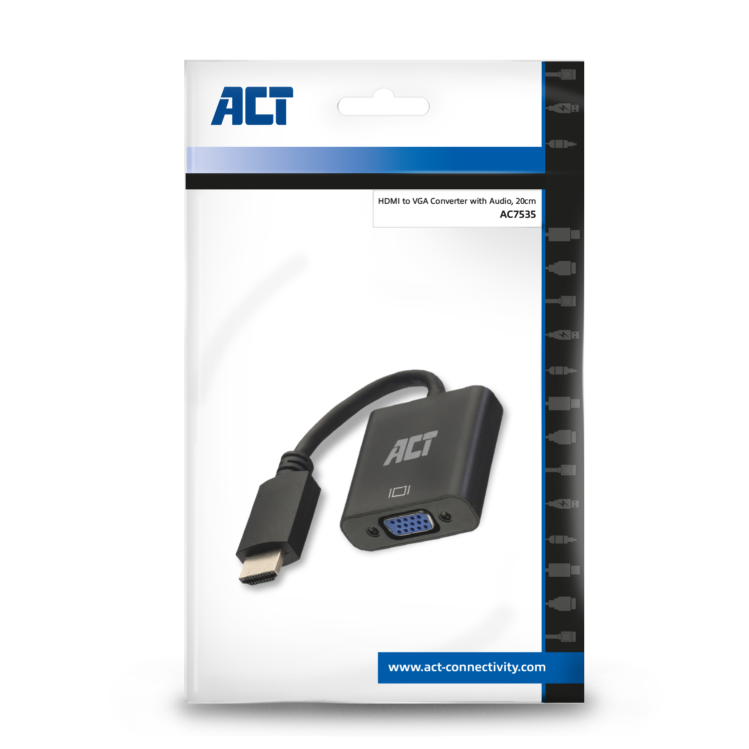 Un emballage de produit d'un convertisseur HDMI vers VGA avec un câble attaché.