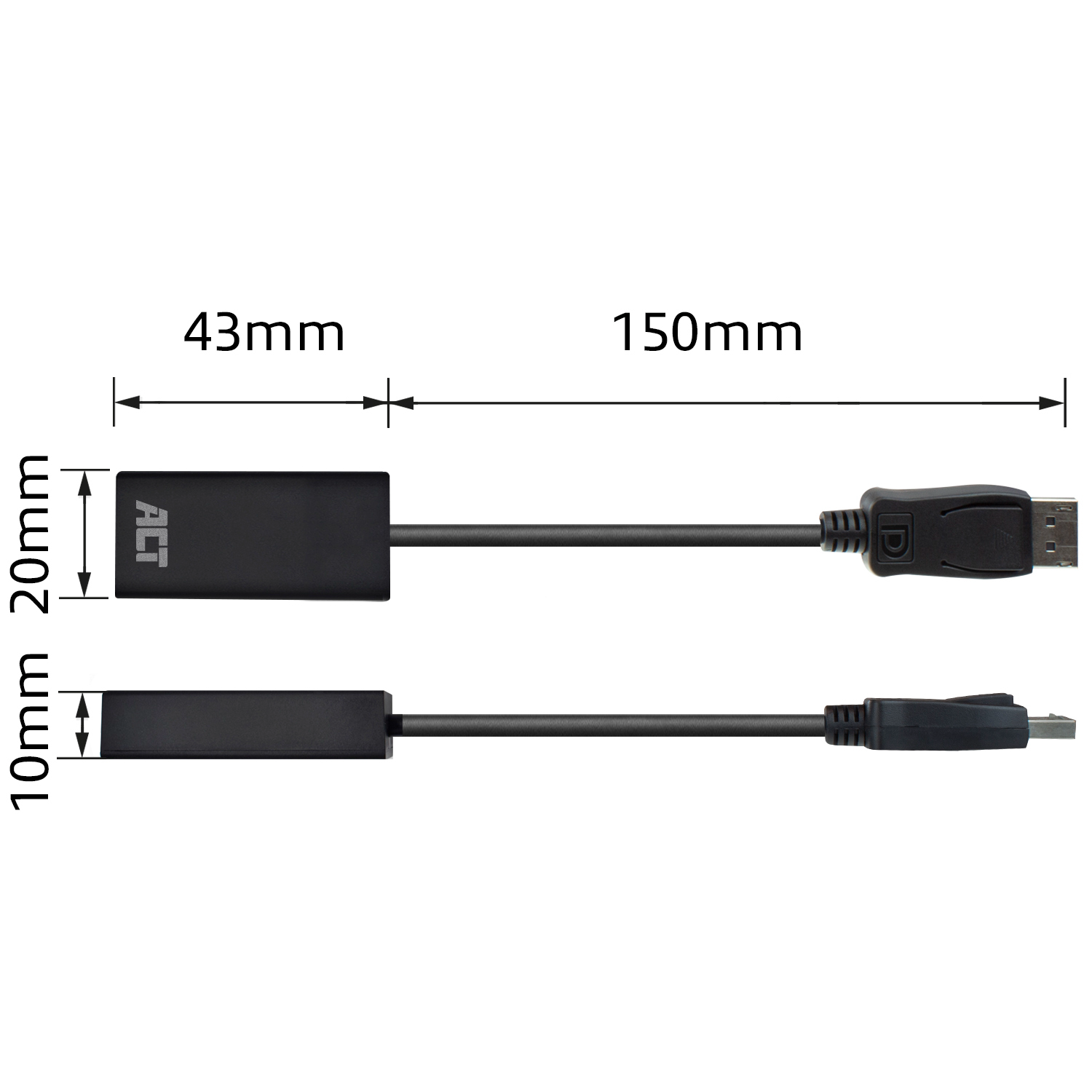 Black adapter cable with measurements: 43mm by 20mm, 150mm by 10mm.