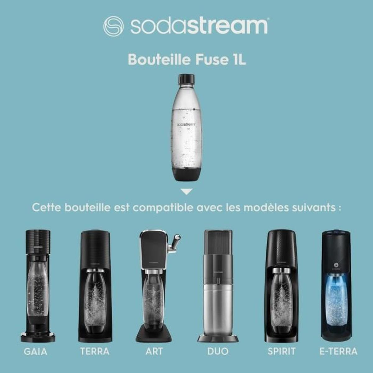 Vengono mostrate più macchine Sodastream. Una bottiglia è in cima. Testo in francese.