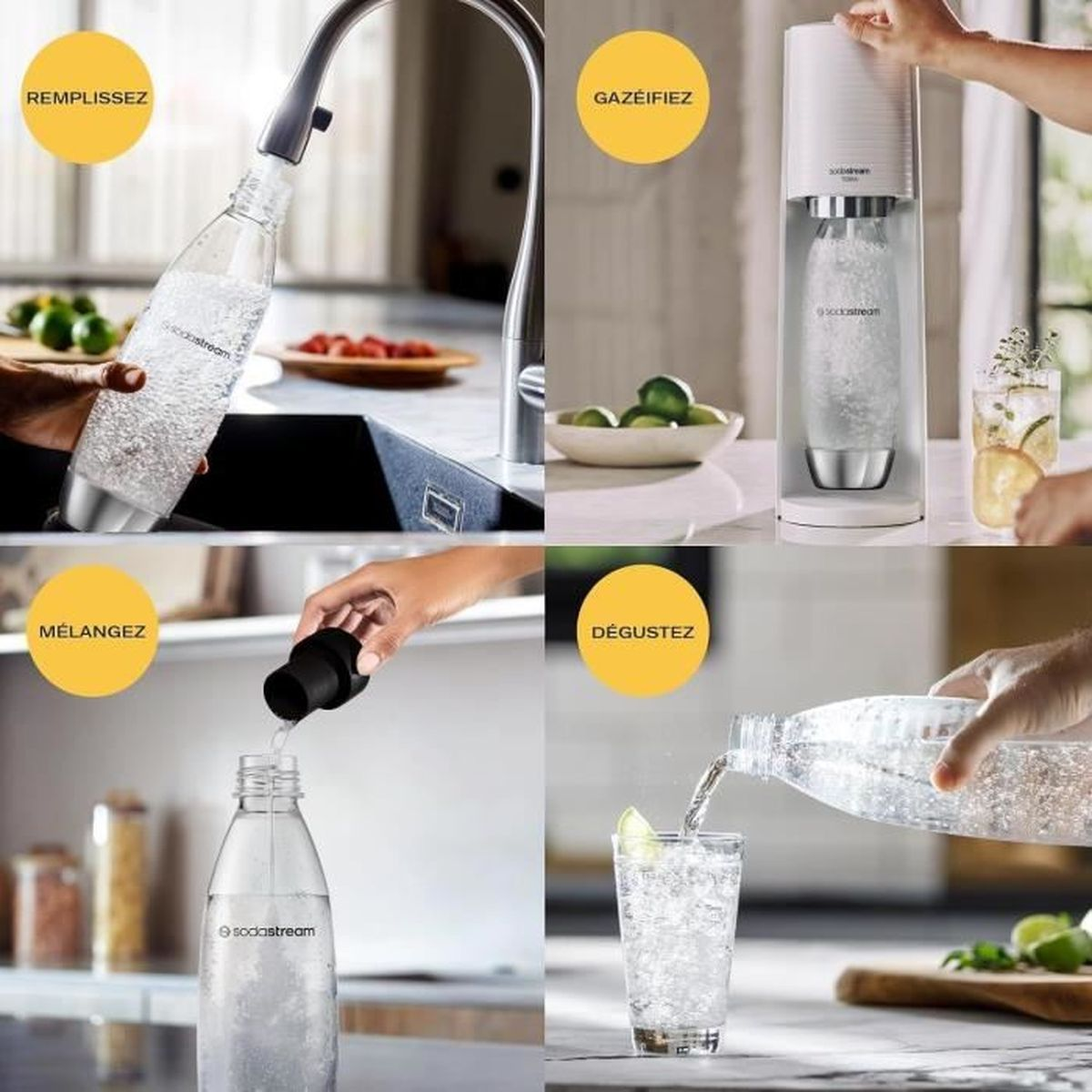 Quattro immagini che mostrano i passaggi per fare acqua frizzante con Sodastream: riempire, gasare, mescolare e godere.