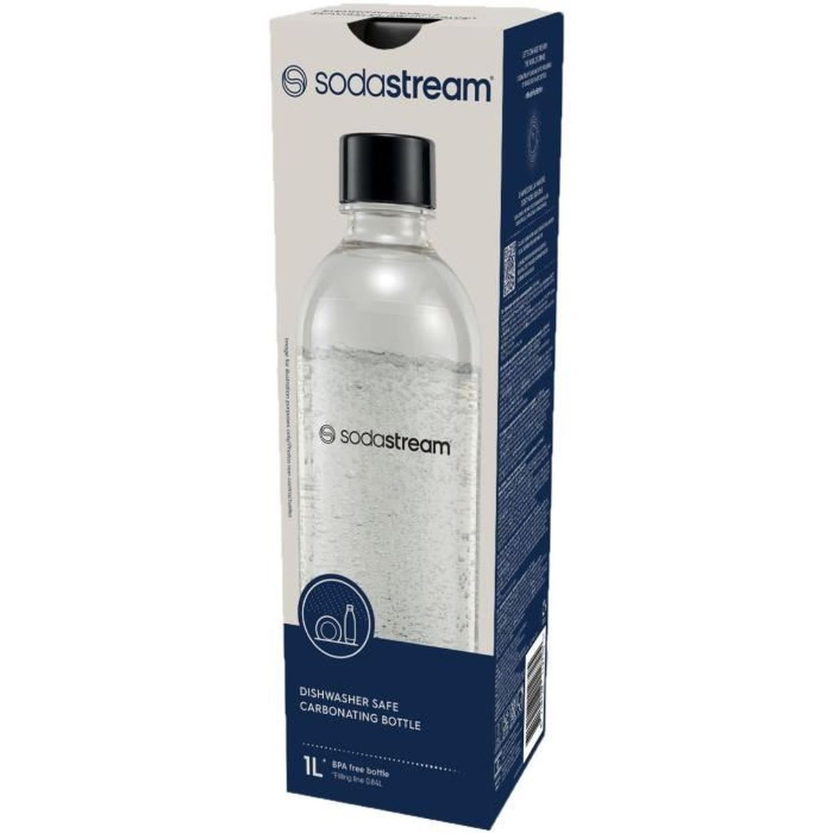 Una bottiglia Sodastream da 1L per carbonatazione, lavabile in lavastoviglie, su sfondo bianco.