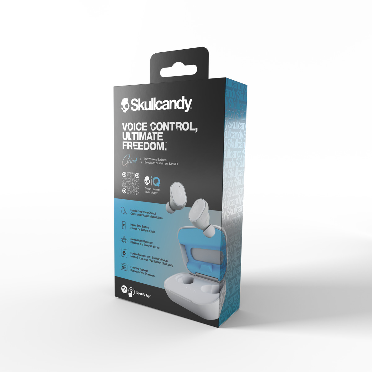 Een doos Skullcandy Grind oordopjes. De doos heeft een blauw interieur en witte oordopjes.