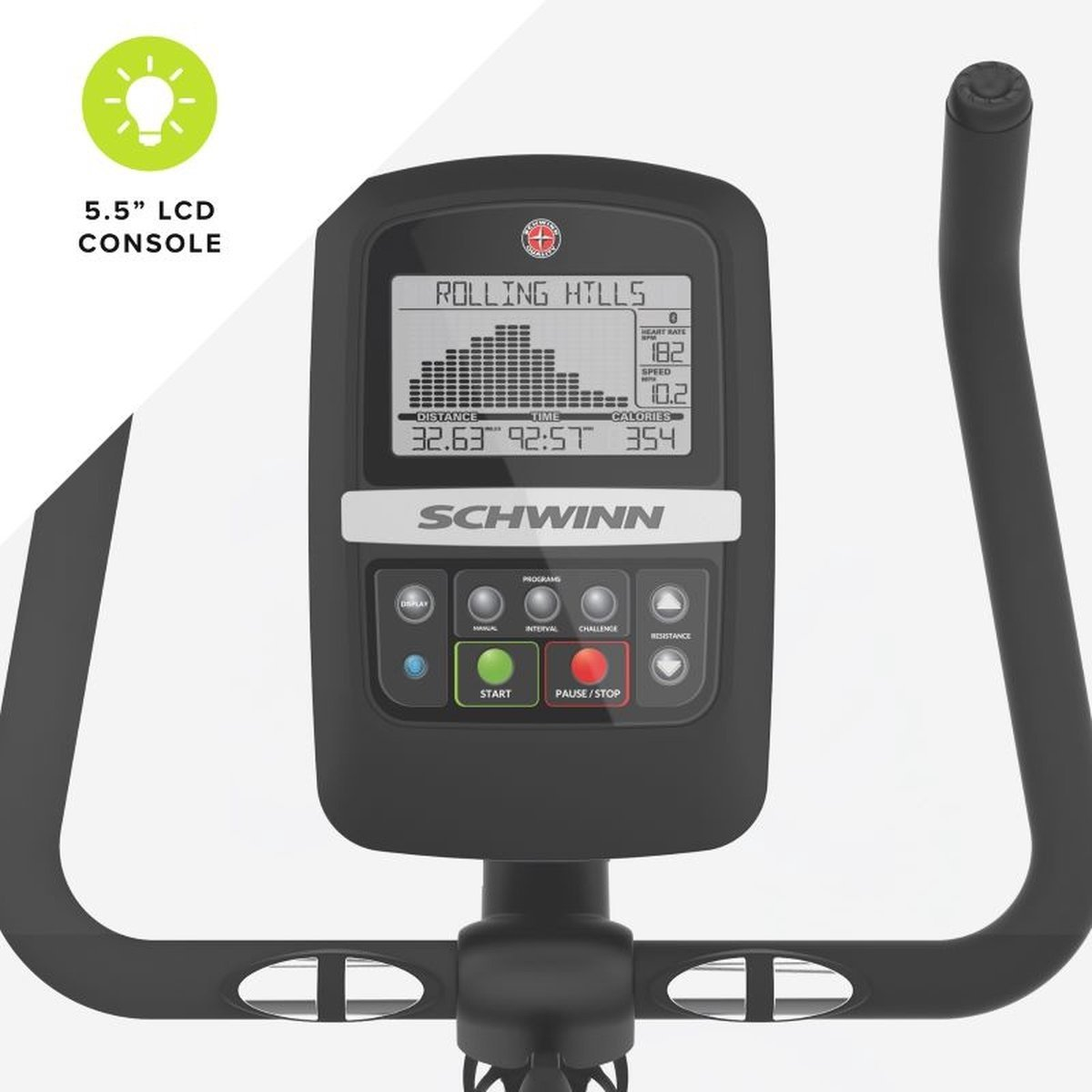 Console de vélo d'exercice avec affichage des statistiques, boutons et logo Schwinn.