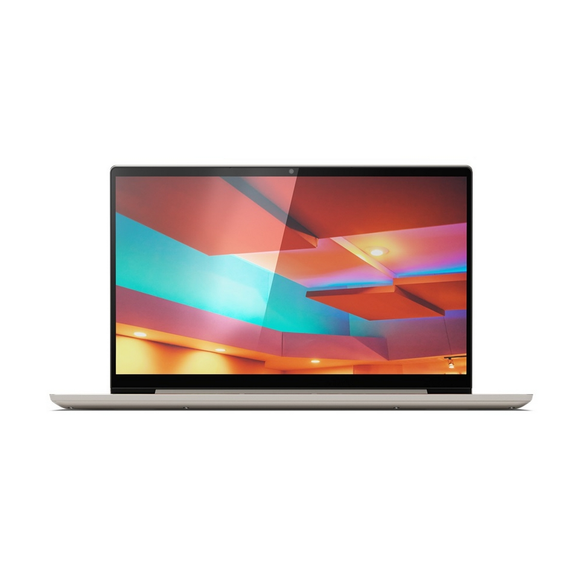 Un laptop argentato, aperto, mostra un'immagine astratta colorata sullo schermo.