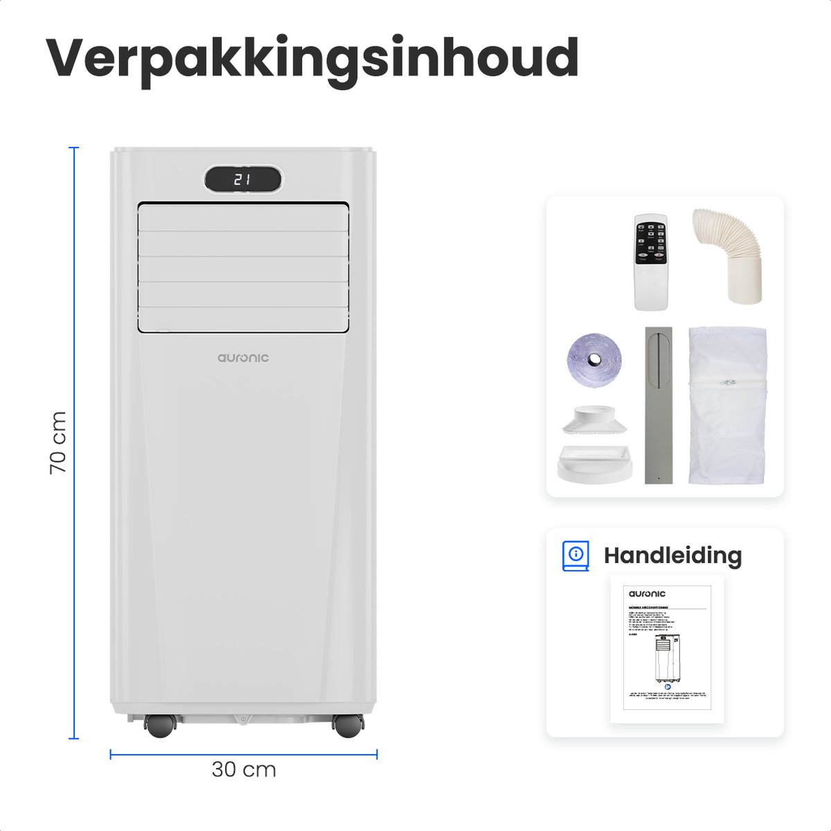 Witte luchtkoeler, 70cm hoog, 30cm breed. Accessoires: afstandsbediening, slang, handleidingen.