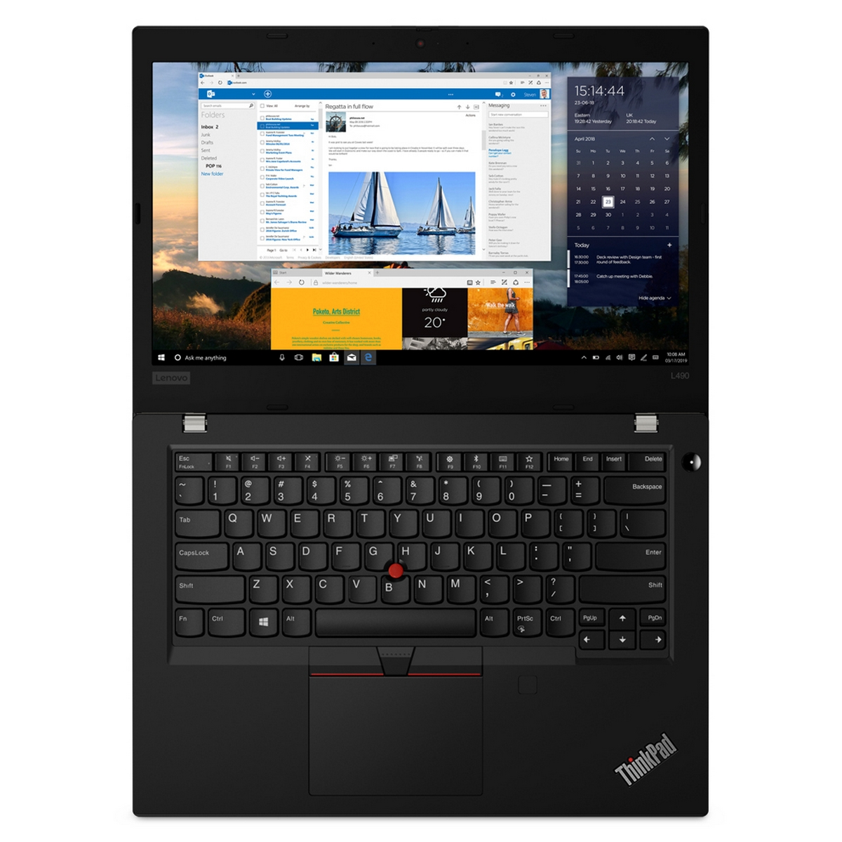 Laptop nero su sfondo bianco. Lo schermo mostra più finestre, tastiera visibile.