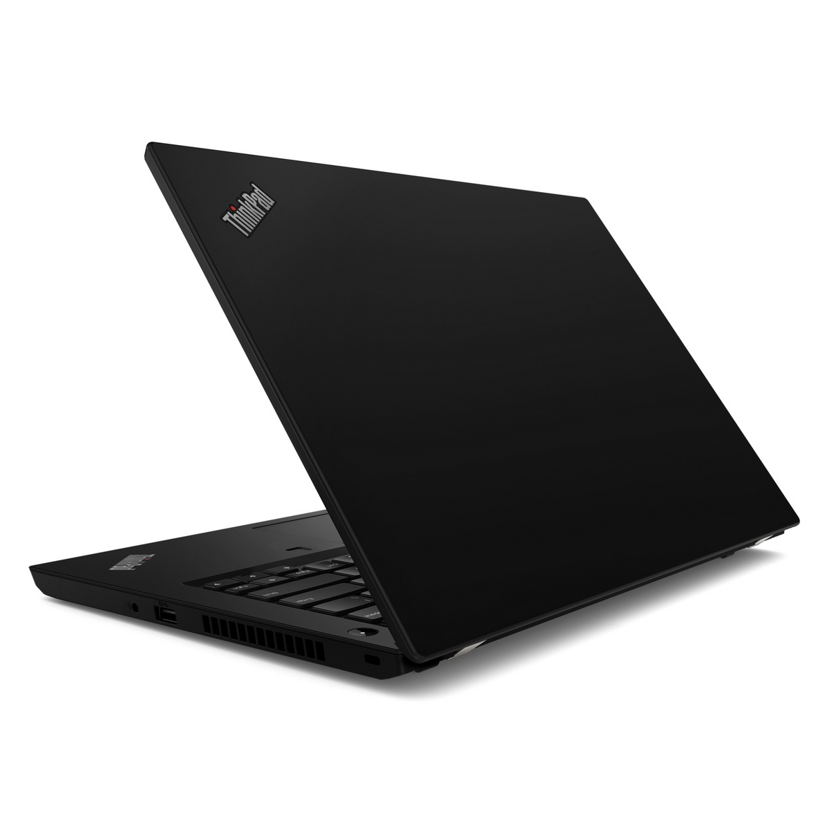 Un laptop ThinkPad nero chiuso. Il coperchio è sollevato, mostrando il retro.