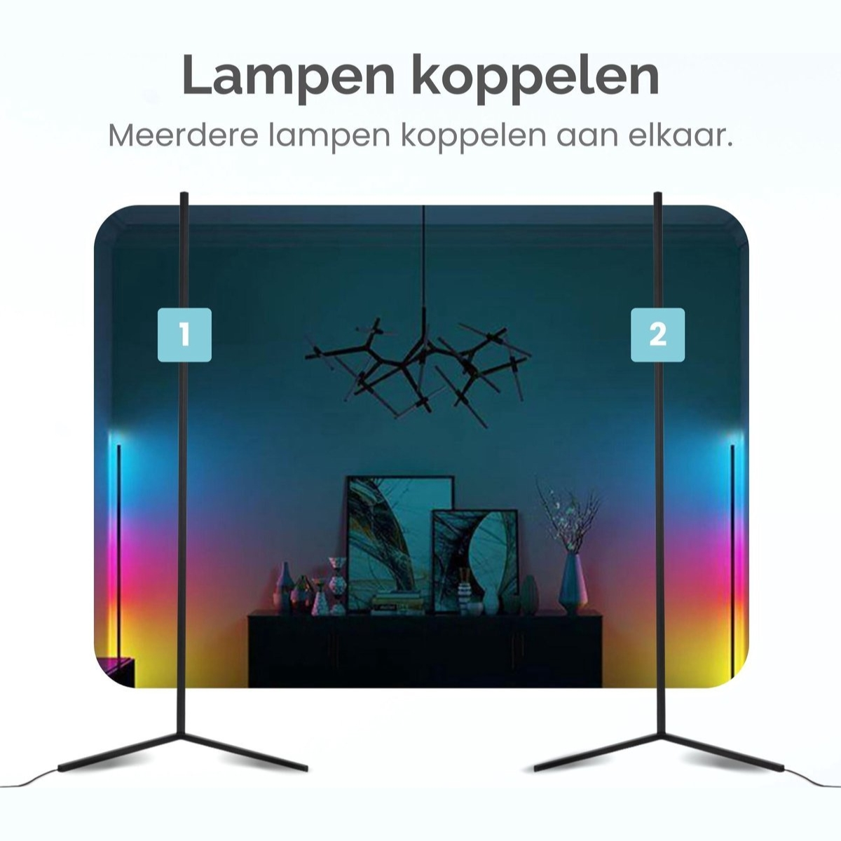 Two floor lamps with colorful lights. The text shows two numbered positions for lamp pairing.