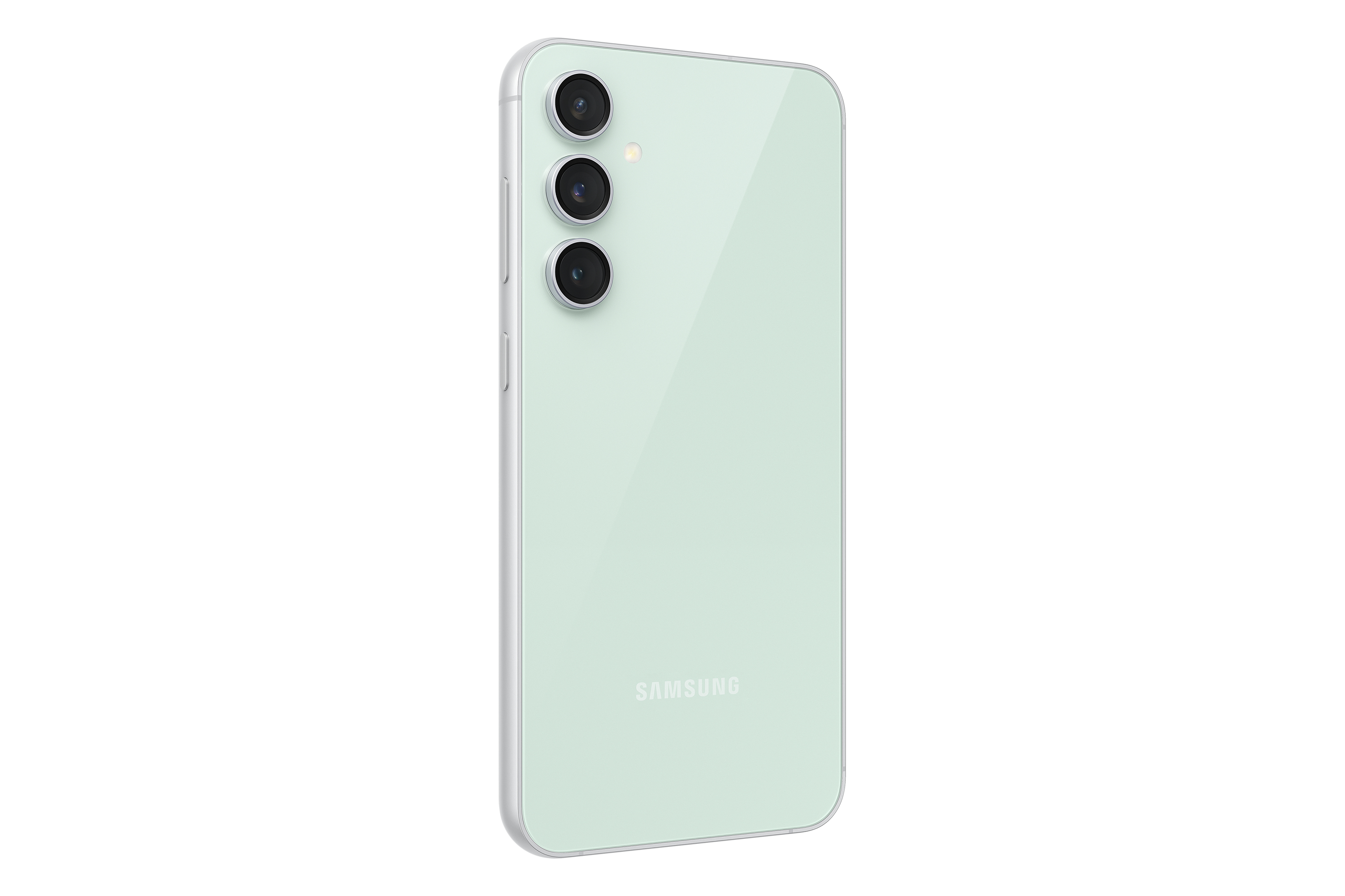 Arkada üç kamerası olan, sağa doğru açılı, nane yeşili bir akıllı telefon.