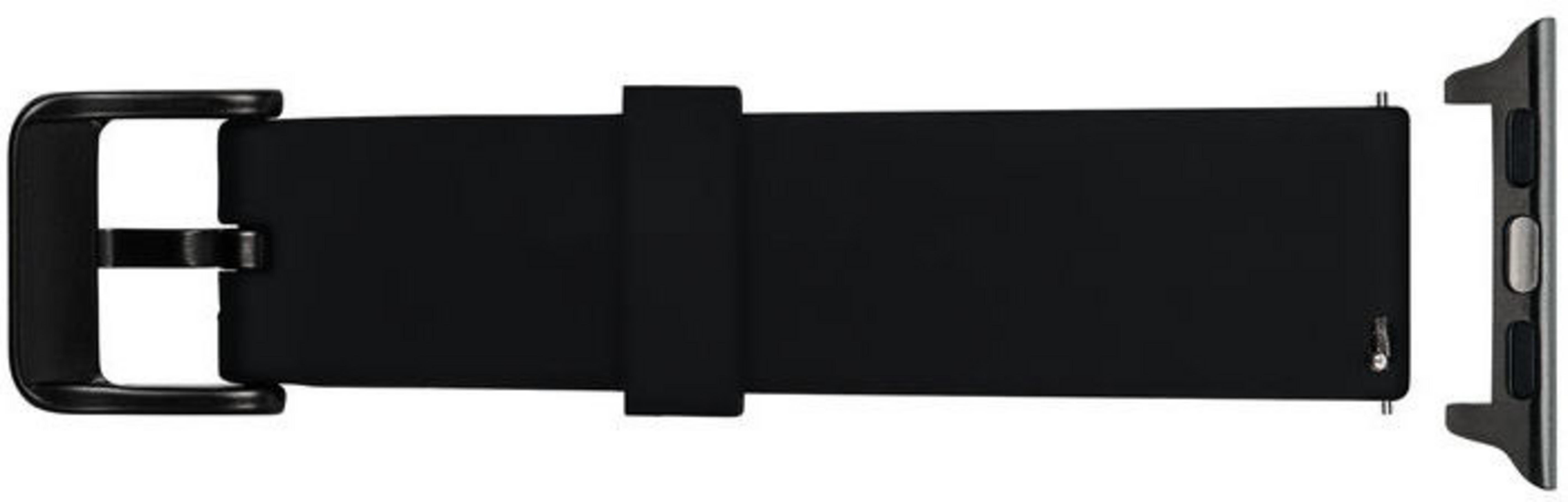 Ein schwarzes Uhrenarmband mit Schnalle und dem Anschluss für eine Apple Watch.