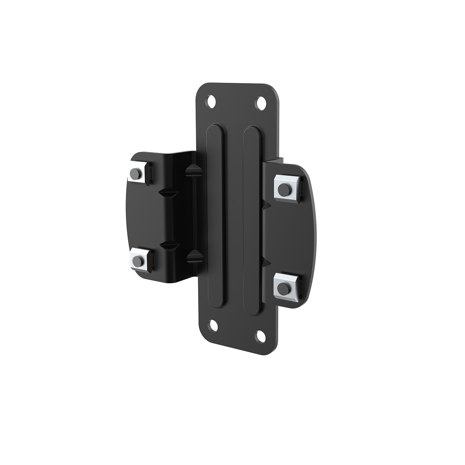 Un soporte negro para montar un televisor en una pared. Tiene tornillos y pernos adjuntos.