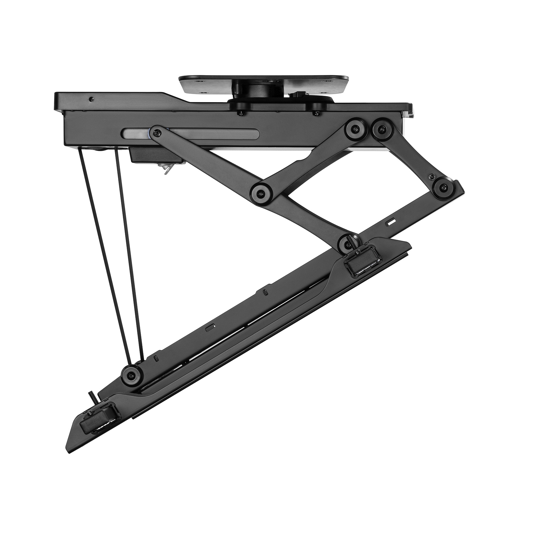 Un soporte de techo negro para una pantalla, con brazos articulados y cables de soporte.