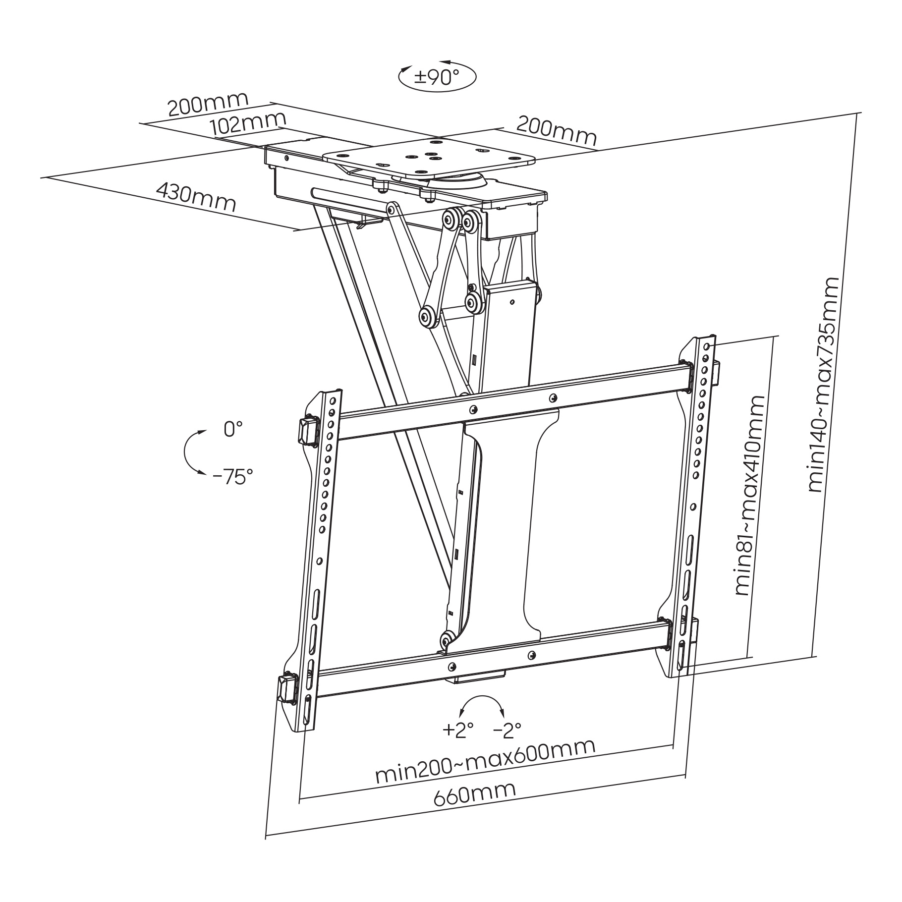 Dibujo técnico de un soporte de techo para TV, con dimensiones y ángulos etiquetados, mostrando su estructura y características.