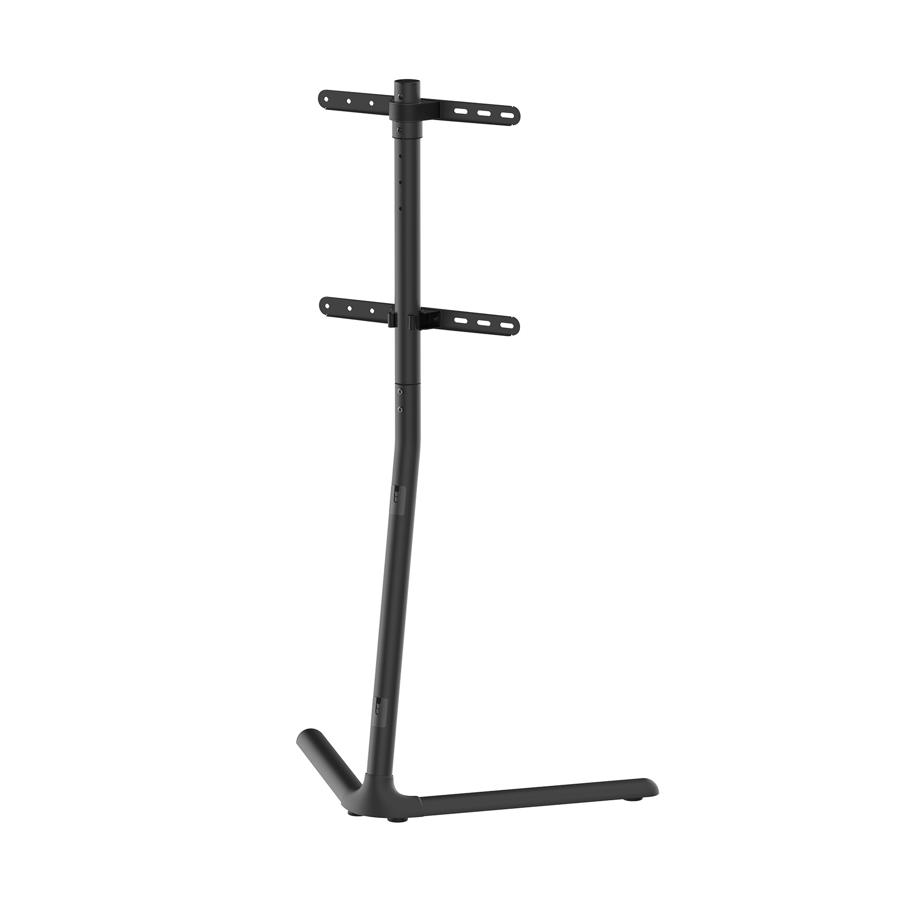 Black TV stand with two horizontal arms and a vertical pole, white background.
