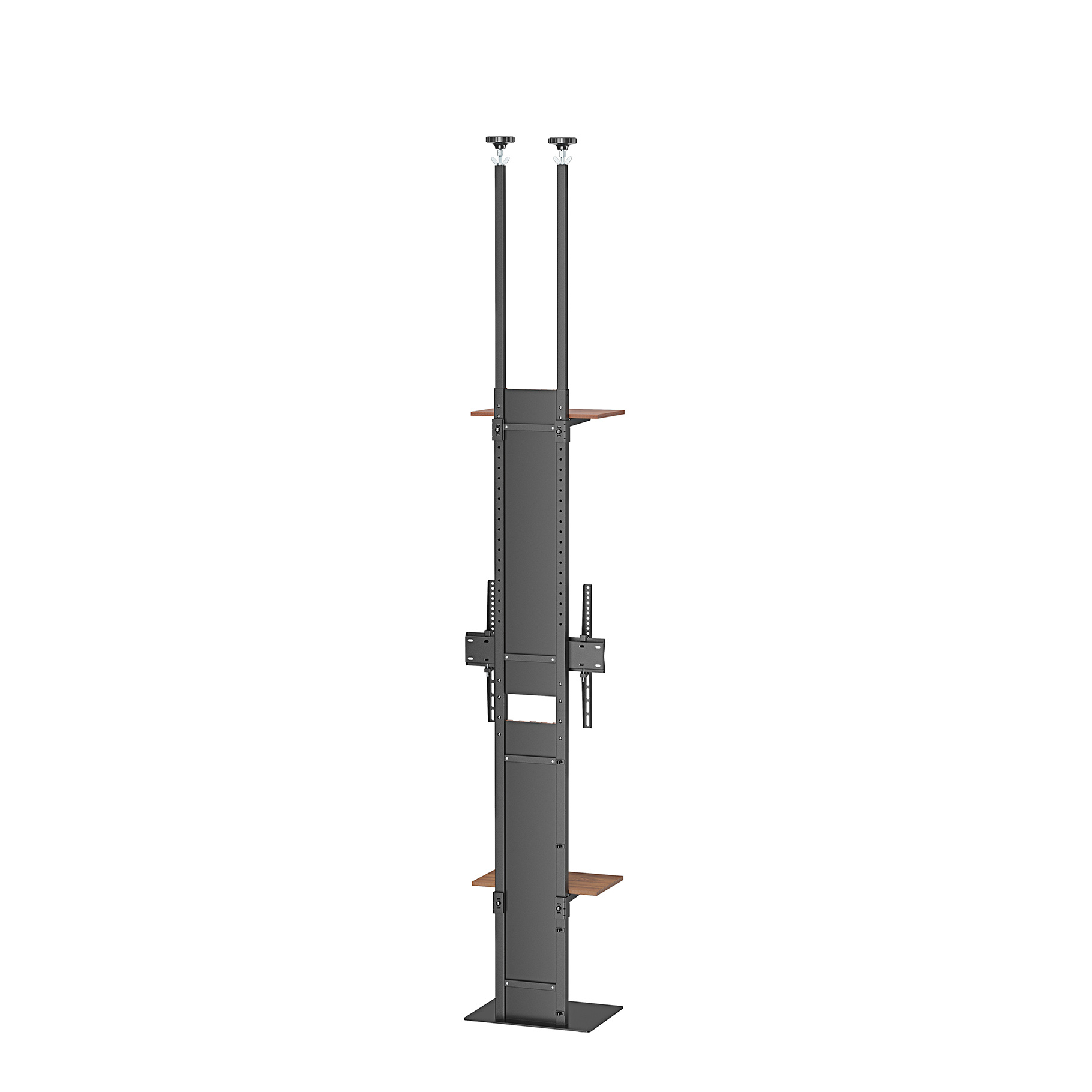 A dark metal stand with wooden shelves and a mounting plate against a white background.