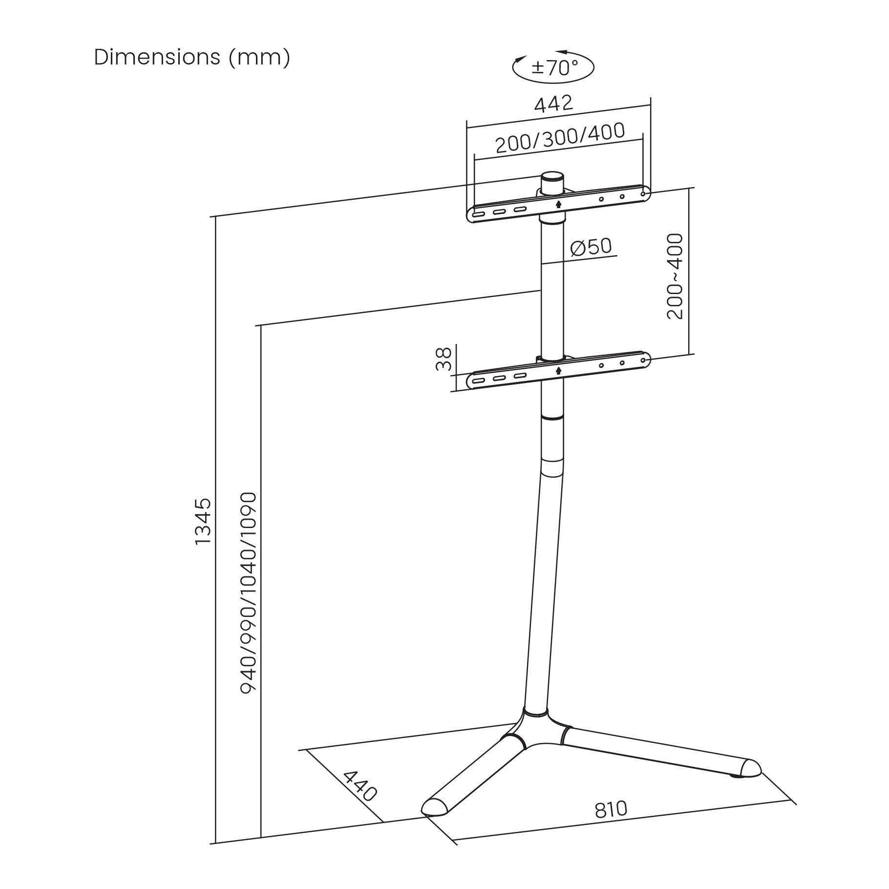 Diagram of a TV stand, with dimensions in mm. It has a base and a vertical pole.