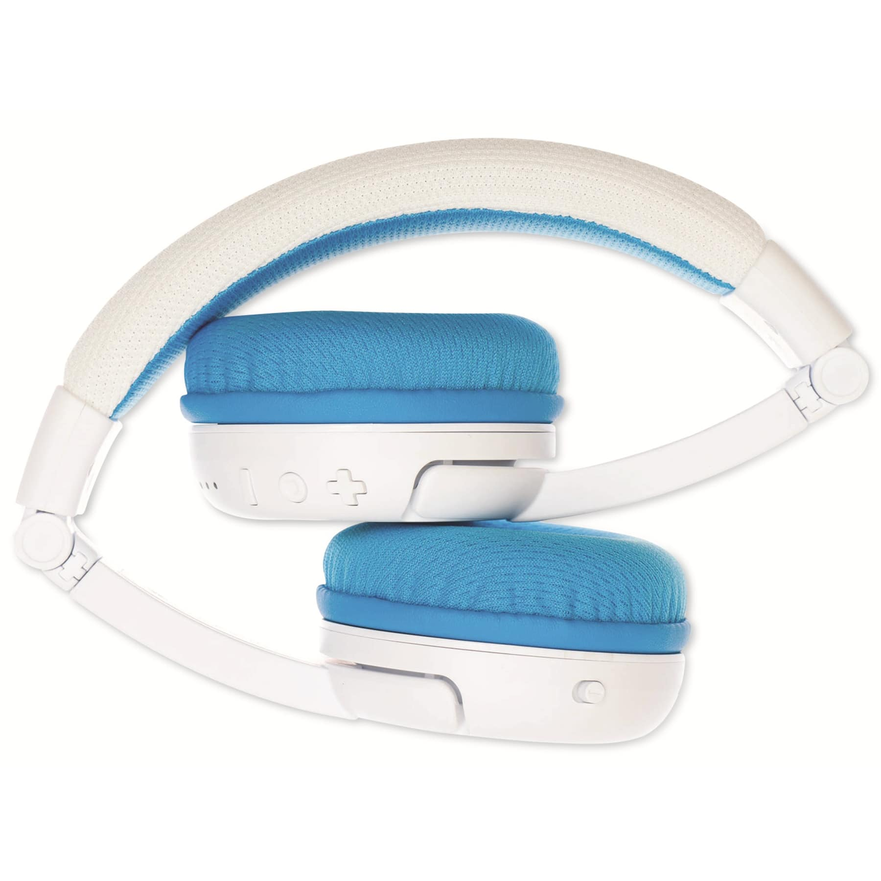 Cuffie bianche con padiglioni blu, piegate. Su sfondo bianco.