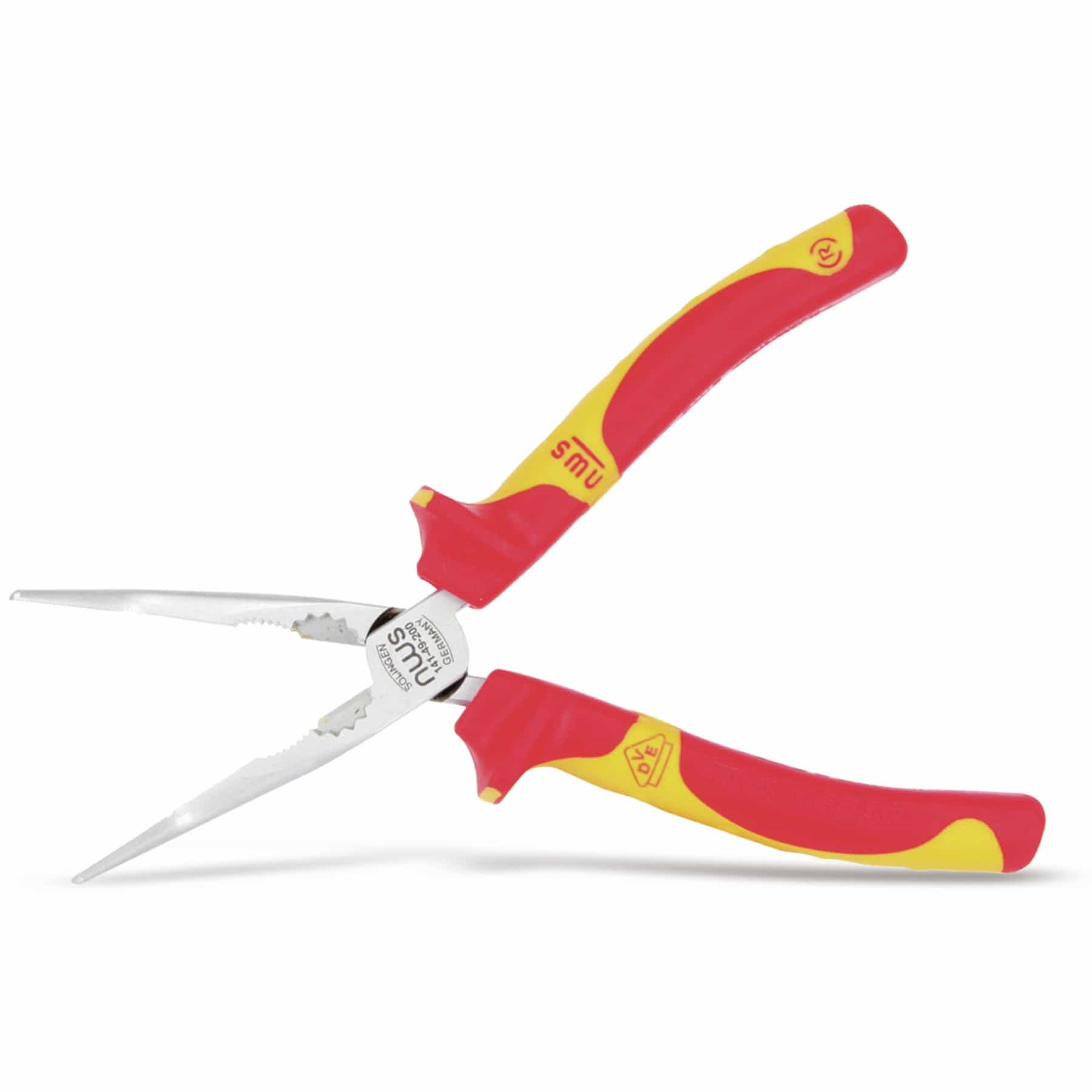 Zangen mit rot-gelben Griffen. Die Zange ist geöffnet und zeigt silberne, spitze Backen.