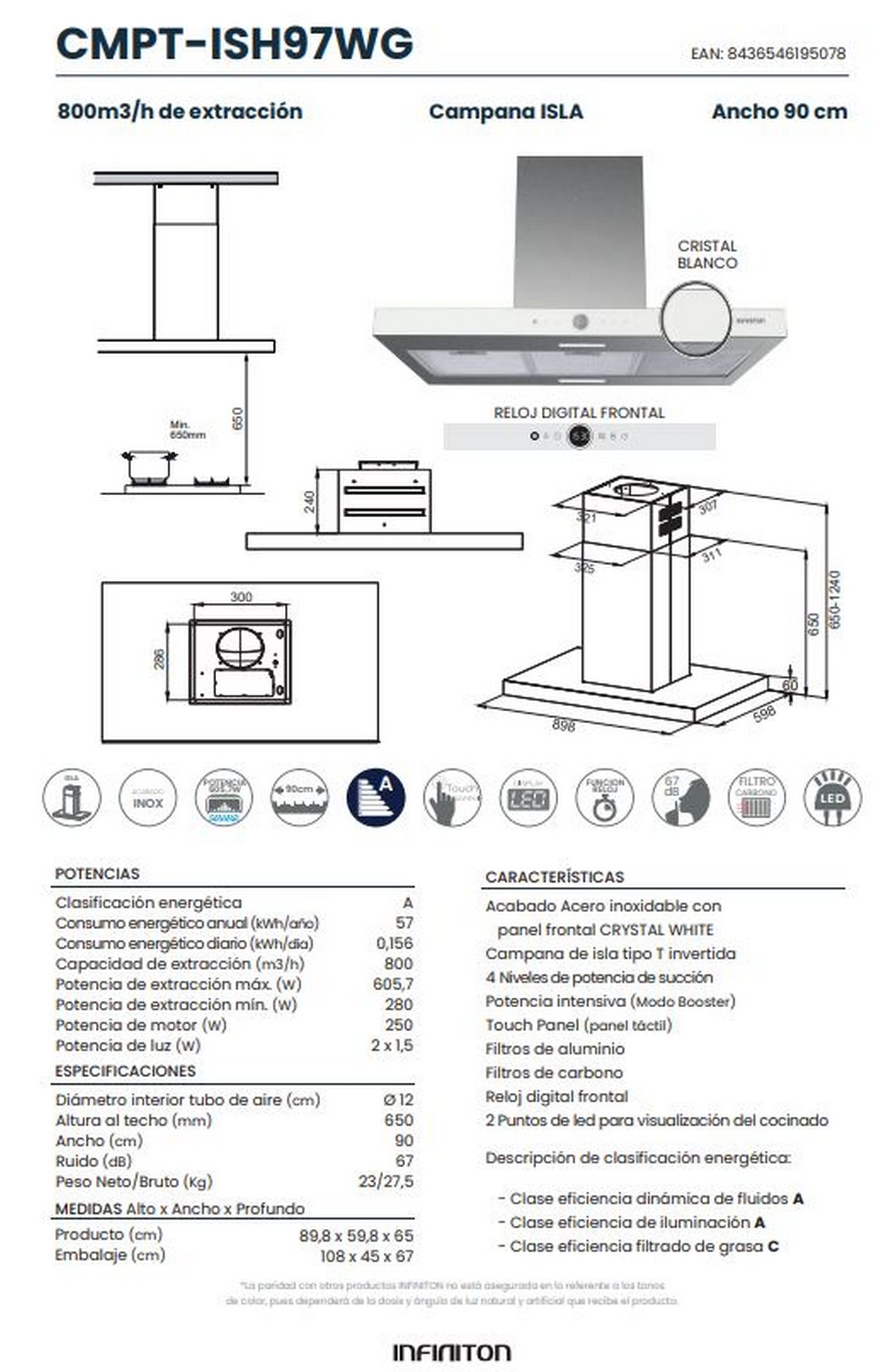 Un diagrama técnico de una campana extractora de cocina, mostrando dimensiones y componentes.