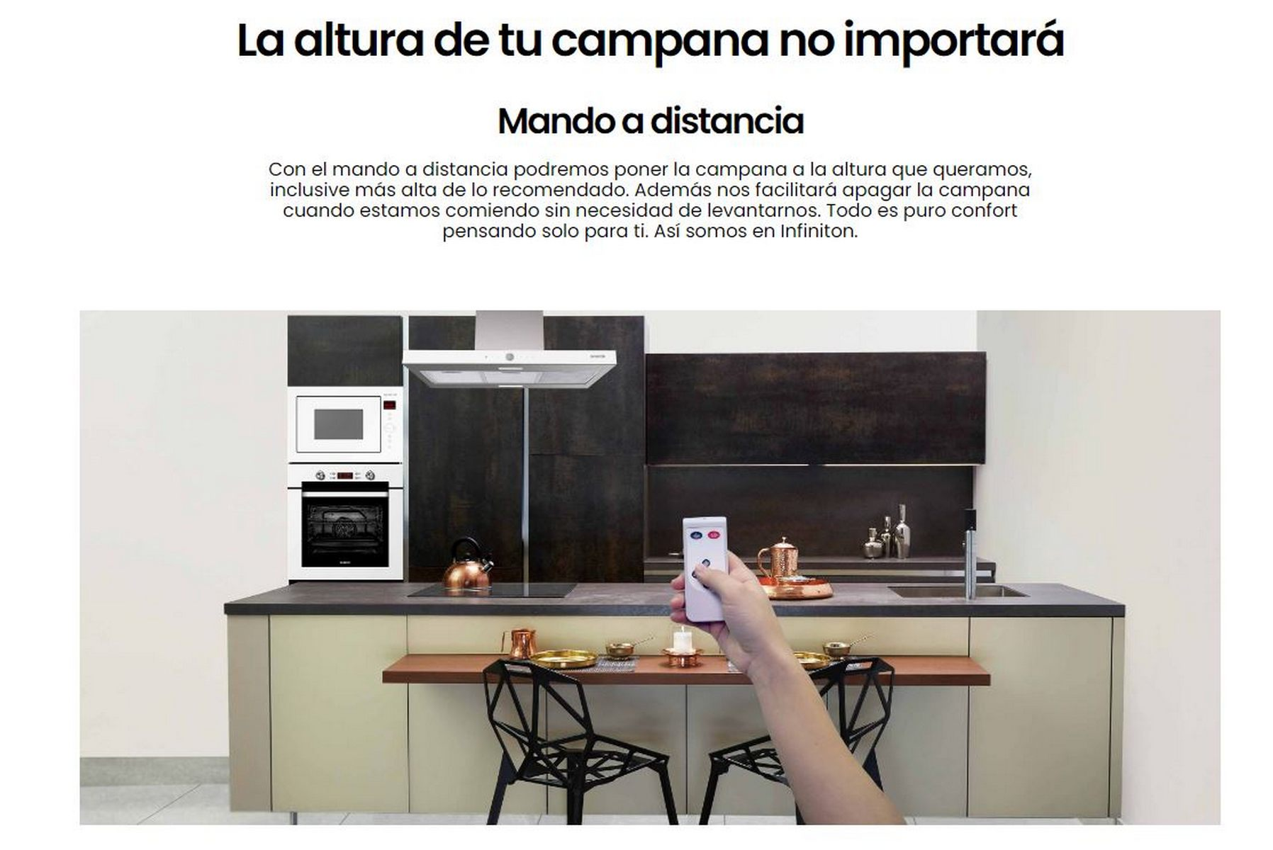 Una cocina con mando a distancia en la mano, mostrando un microondas, un horno y una campana extractora.
