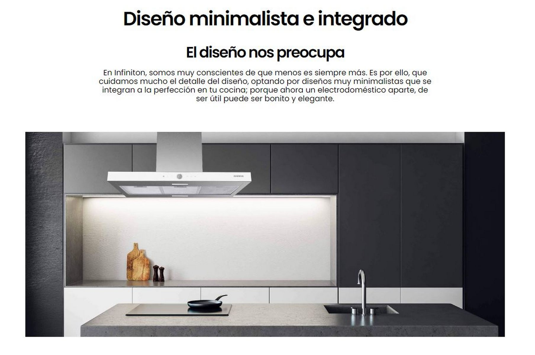 Diseño de cocina moderno con estilo minimalista y campana extractora integrada.