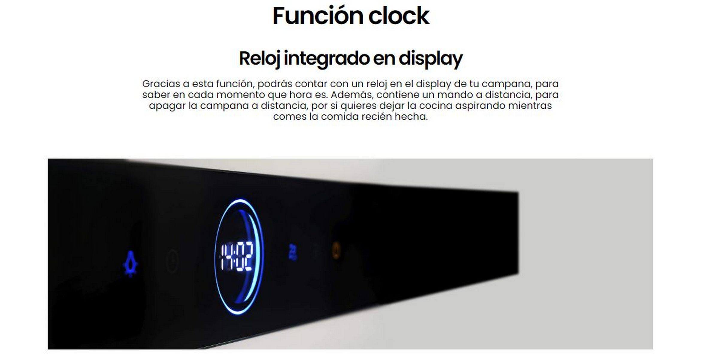 Campana extractora negra con reloj digital. Texto: 'Función clock'.