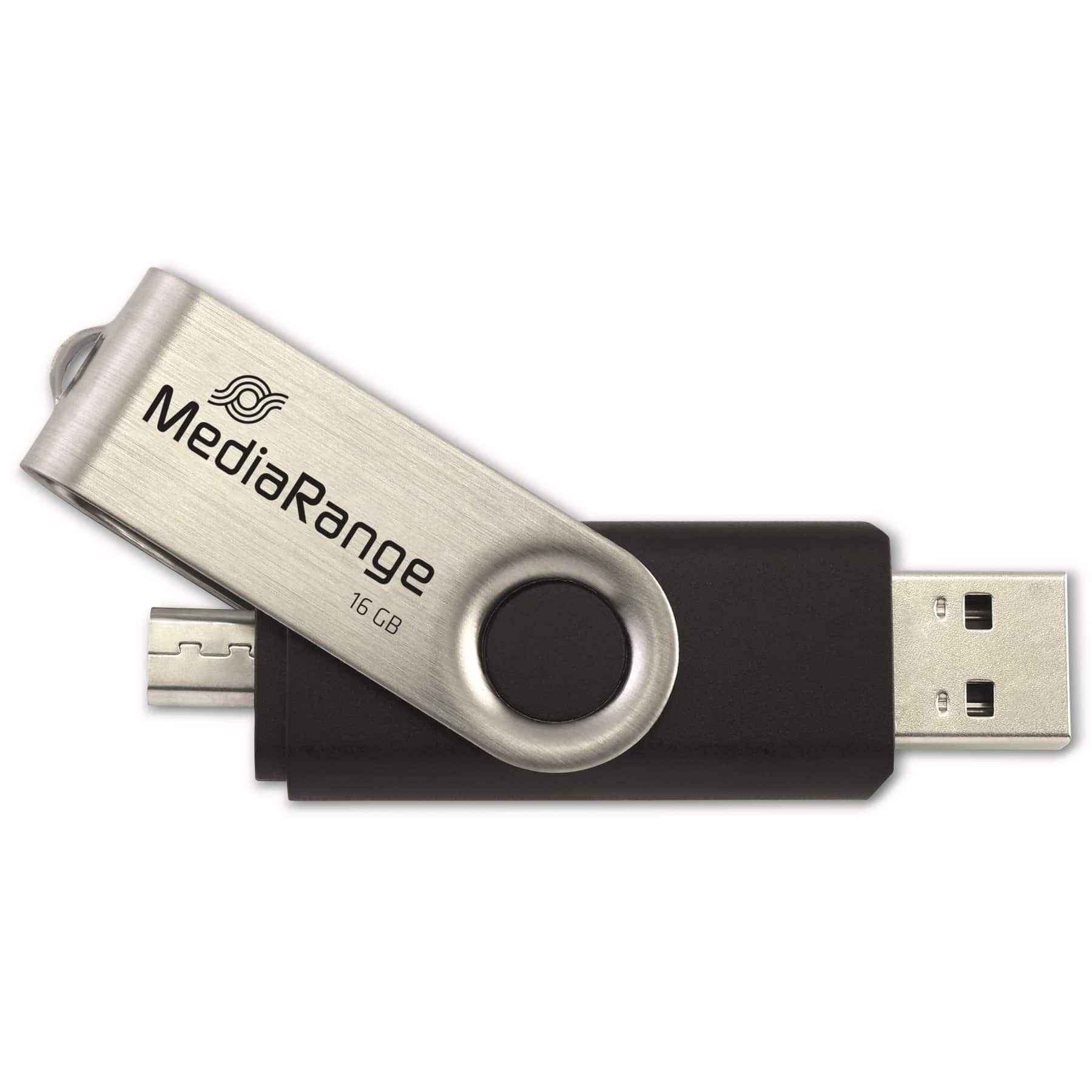 Srebrny i czarny pendrive USB MediaRange 16 GB, z białym tłem.
