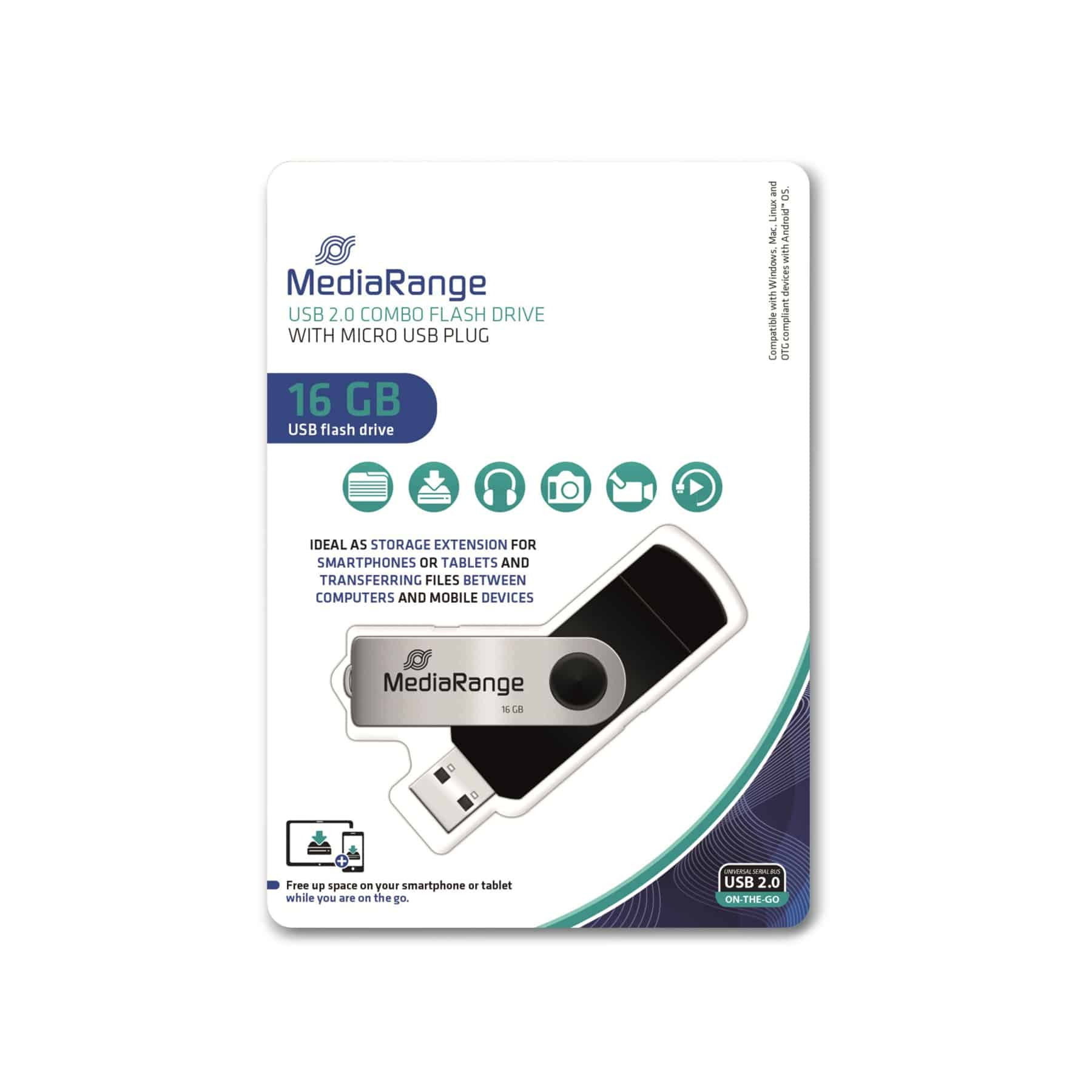 Opakowanie pendrive'a MediaRange z grafiką produktu i dyskiem USB.