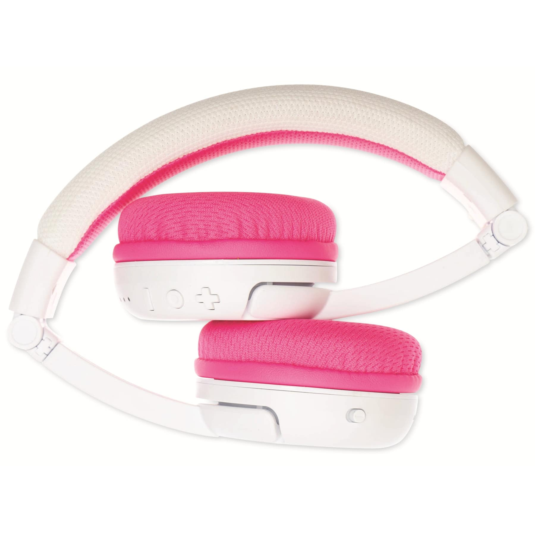 Cuffie bianche con padiglioni rosa, piegate. Su sfondo bianco.
