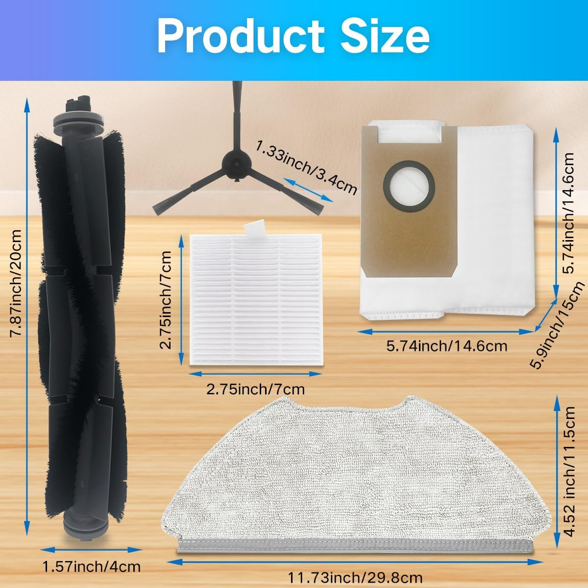 Widok rozstrzelony części odkurzacza, w tym szczotki, filtra i worka na kurz, z wymiarami.