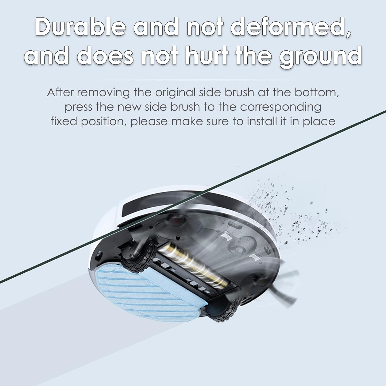 Roboter-Staubsauger mit blauem Reinigungspad und Text zur Installation.