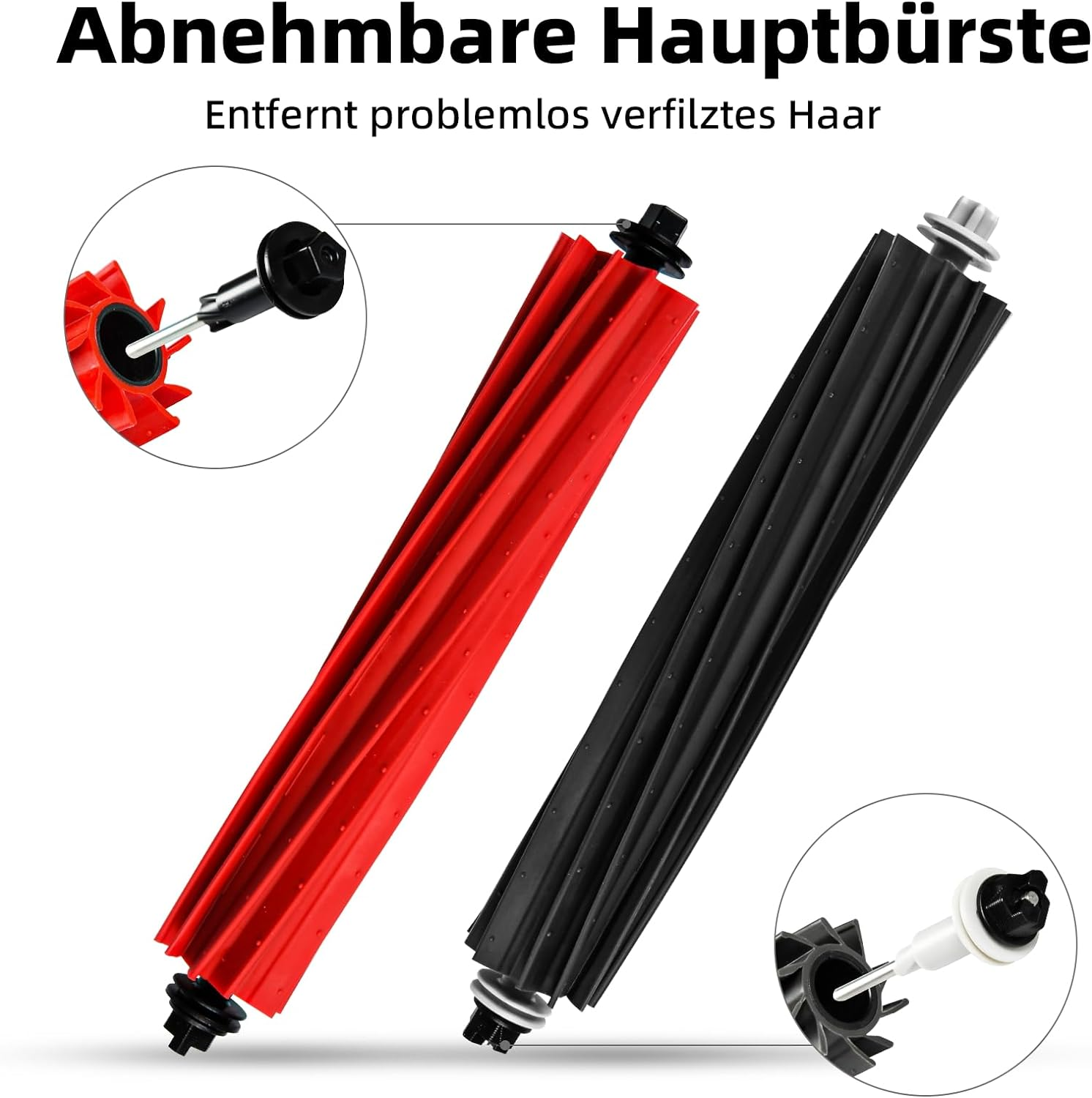 Zwei rote und schwarze Staubsaugerbürsten. Die Bürsten sind zylindrisch mit abgewinkelten Borsten.
