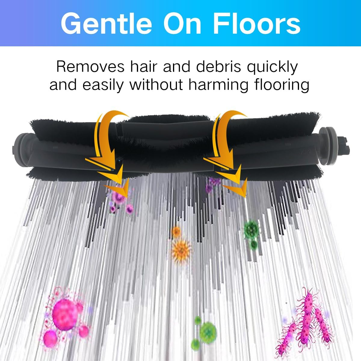 Szczotka do czyszczenia podłóg ze strzałkami wskazującymi ruch. Pokazano usuwanie zanieczyszczeń i cząstek z włosia.