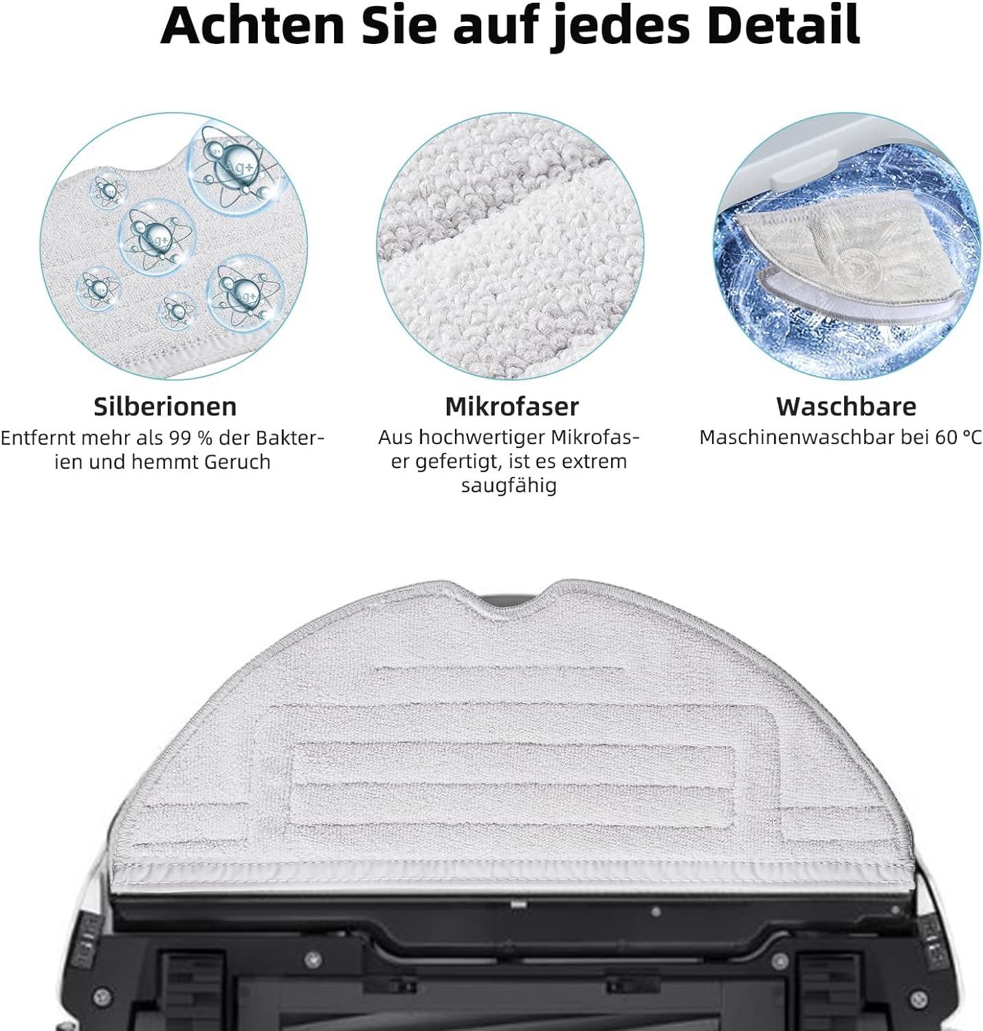 Details eines Roboter-Staubsaugers mit drei Nahaufnahmen seiner Teile.
