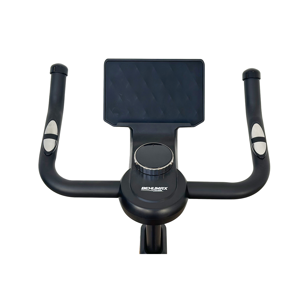 Manillar negro de bicicleta estática con controles y pantalla.