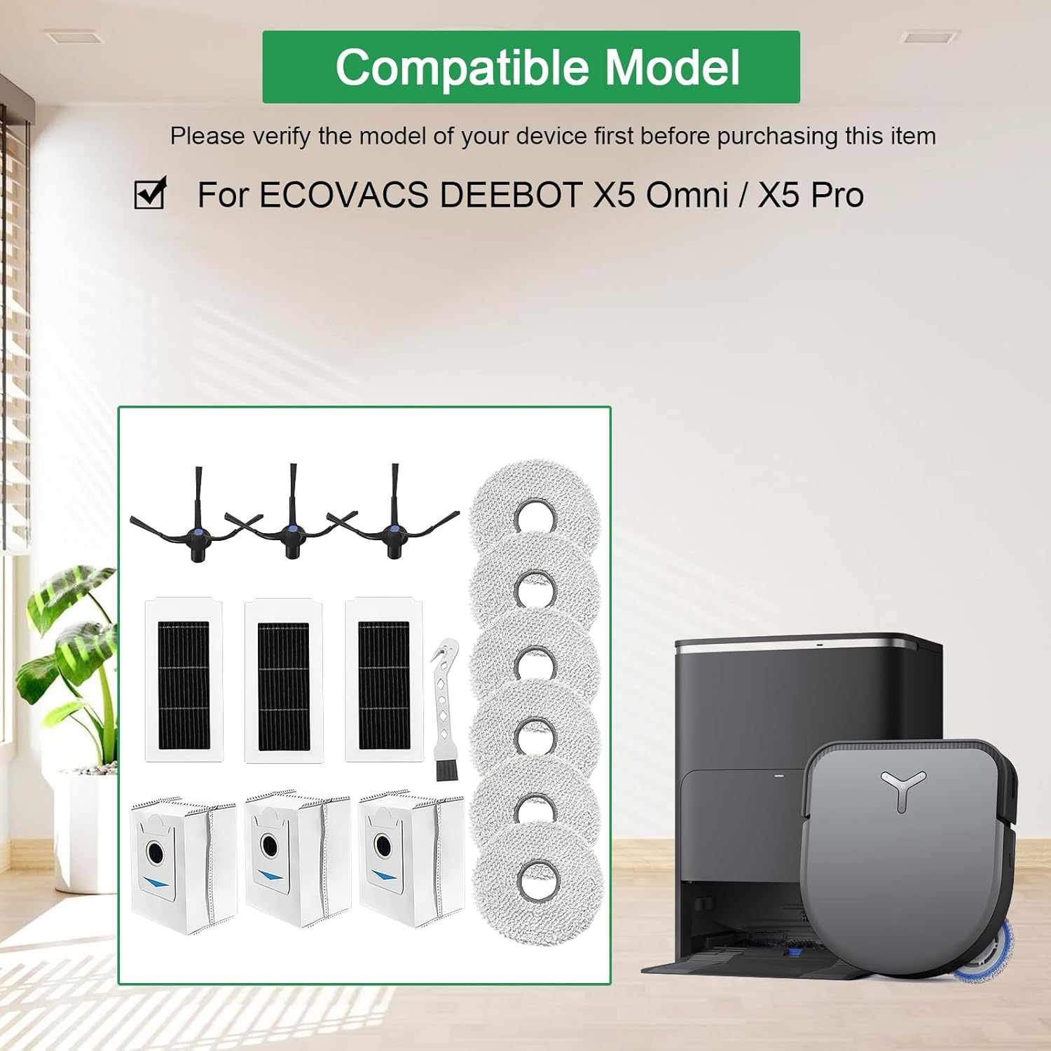 Części odkurzacza i odkurzacz robot. Tekst brzmi: "For ECOVACS DEEBOT X5 Omni/X5 Pro".