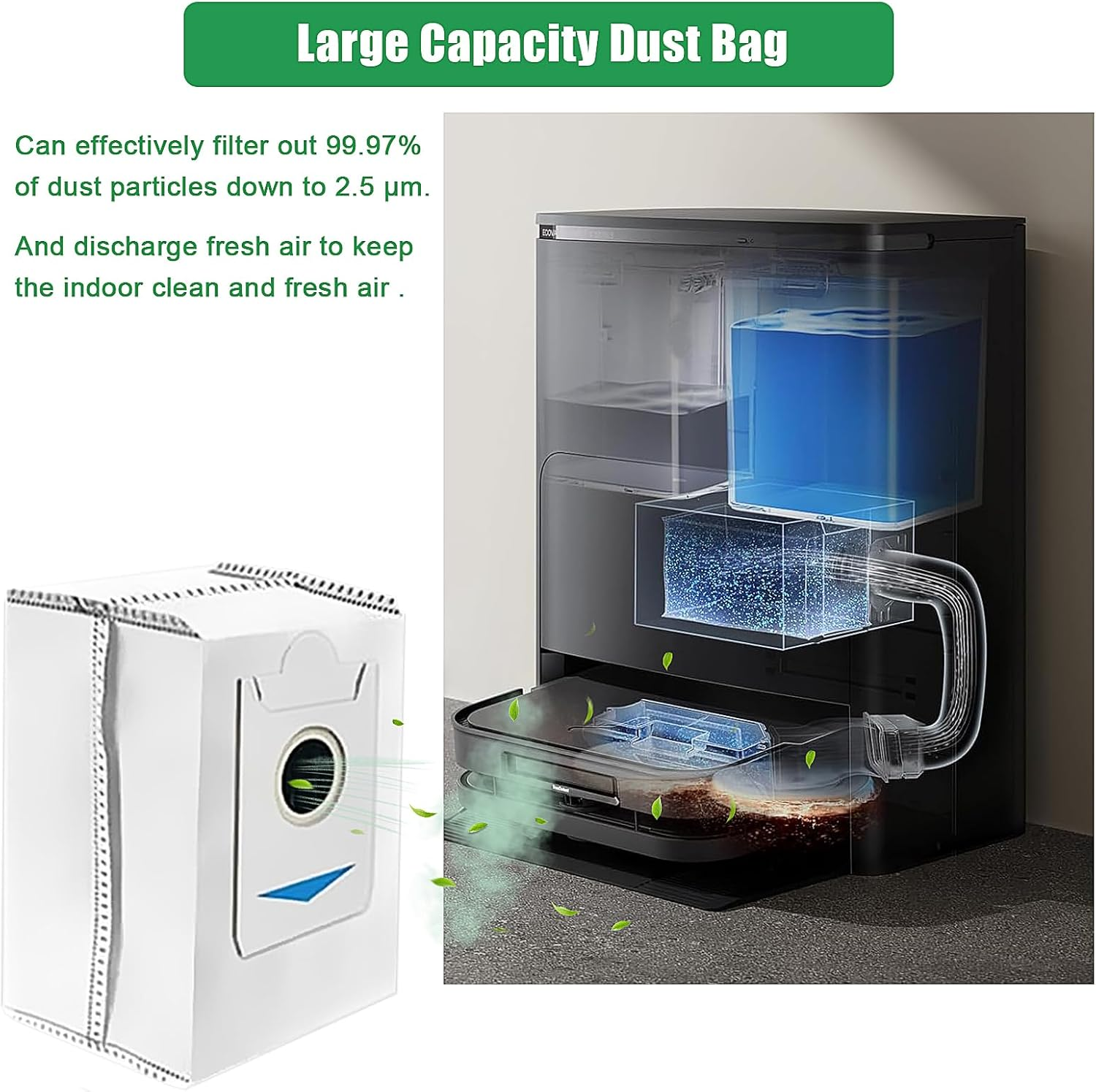 Biały worek na kurz i czarny odkurzacz z przezroczystymi komorami pokazującymi filtrację.