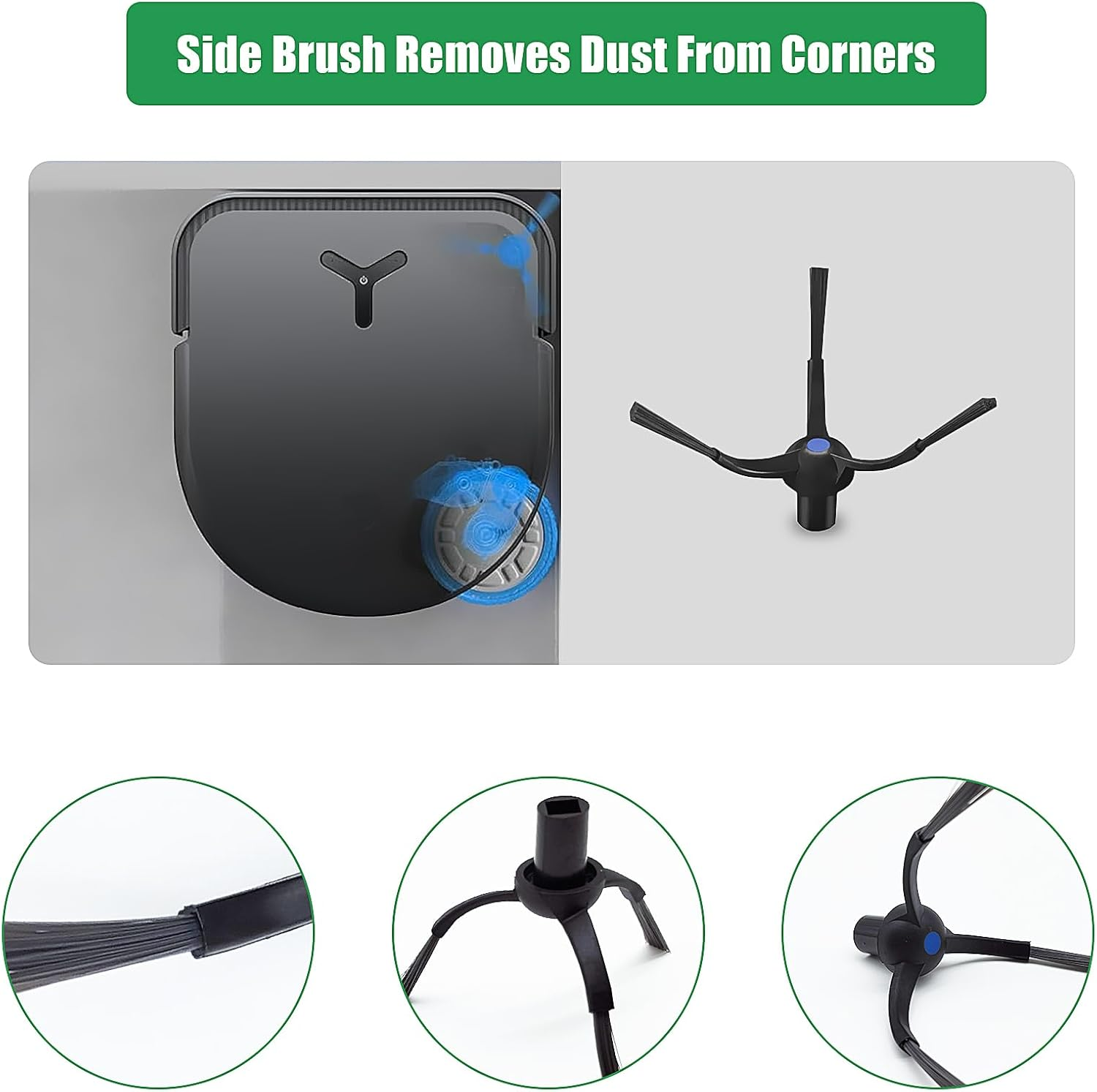 Robot odkurzający ze szczotką boczną i jego komponenty do czyszczenia.