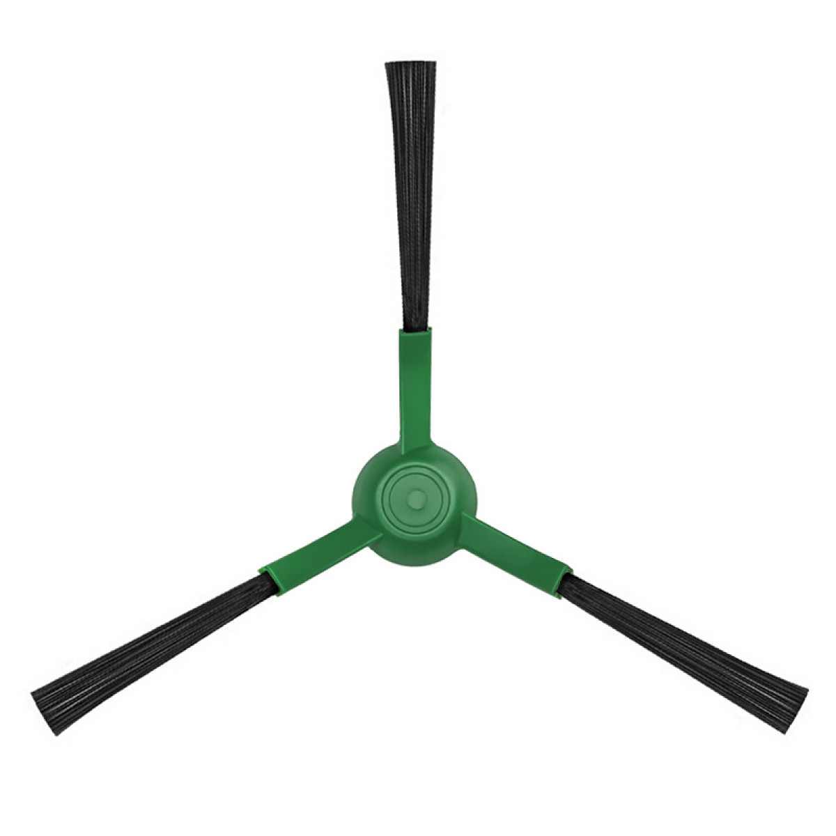 Eine grüne Roboter-Staubsaugerbürste mit drei Armen, jeweils mit schwarzen Borsten, auf weißer Oberfläche.