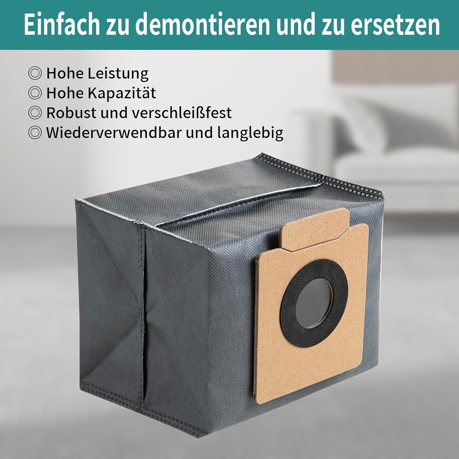 Ein grauer Staubsaugerbeutel mit braunem Papierfilter. Text: Einfach zu demontieren und zu ersetzen.