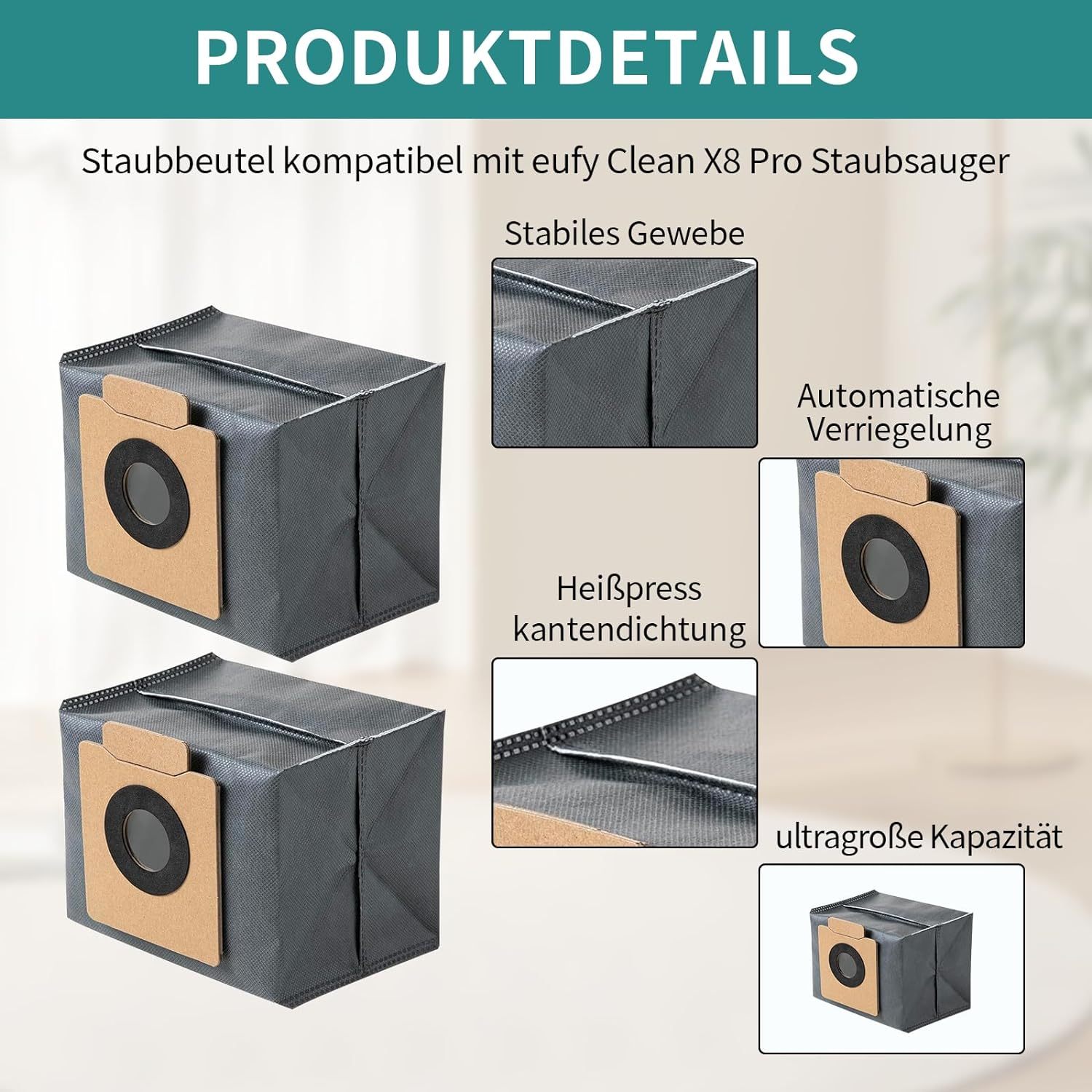 Zwei graue Staubsauger-Staubbeutel mit braunen Kartonöffnungen.